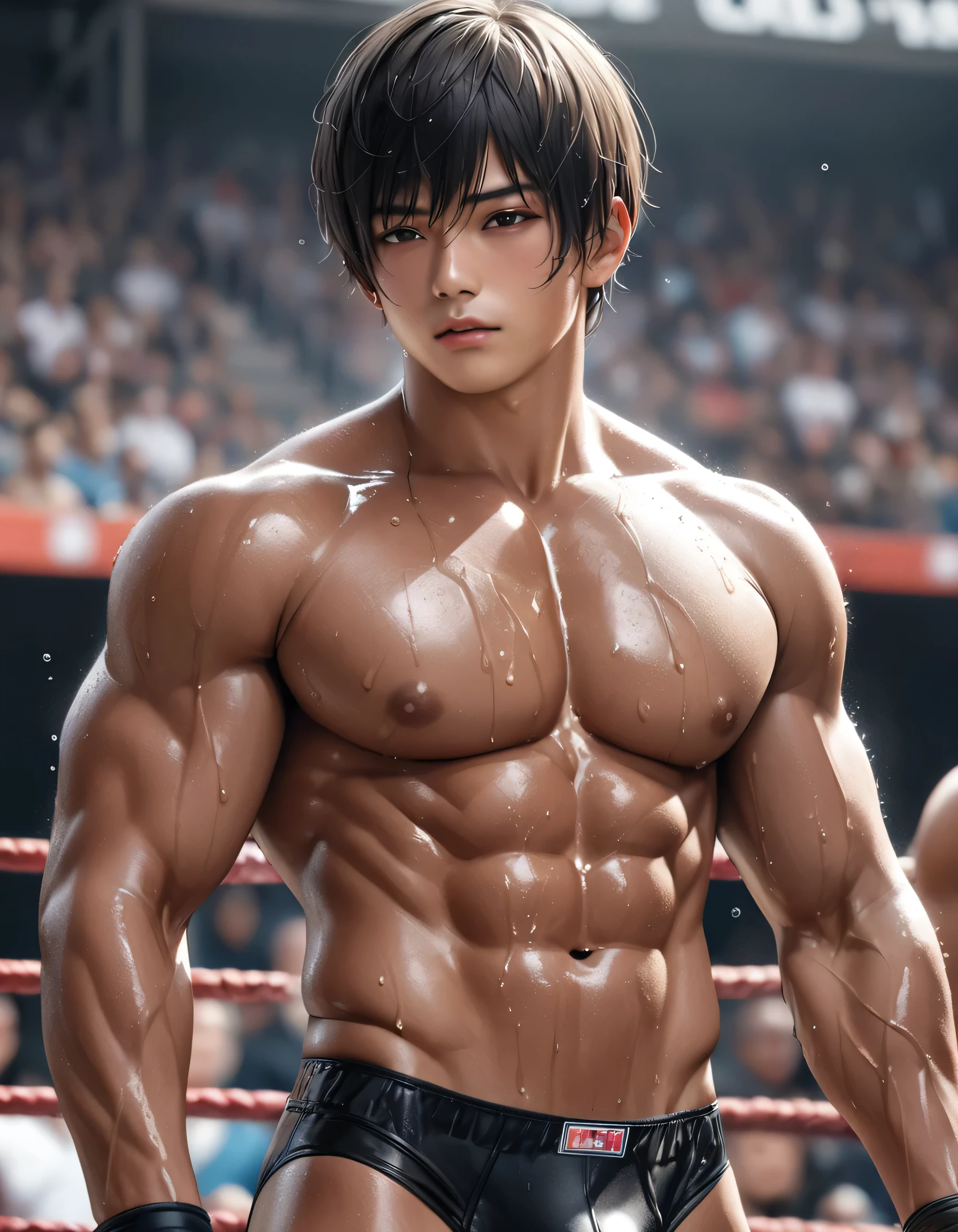 high quality, detailed, Realistic,(one tanned japanese wrestler boys:1.5), (detailed black eyes), (black short hair), (muscle:1.5), (tanned dark brown skin), (black tiny thong), (bulge), (detailed nipples), detailed areola, best quality, 4k, 8k, highres, (masterpiece:1.2),ultra-detailed, (realistic, photorealistic, photo-realistic:1.37), wet body, (face close up:0.8),--no watch,