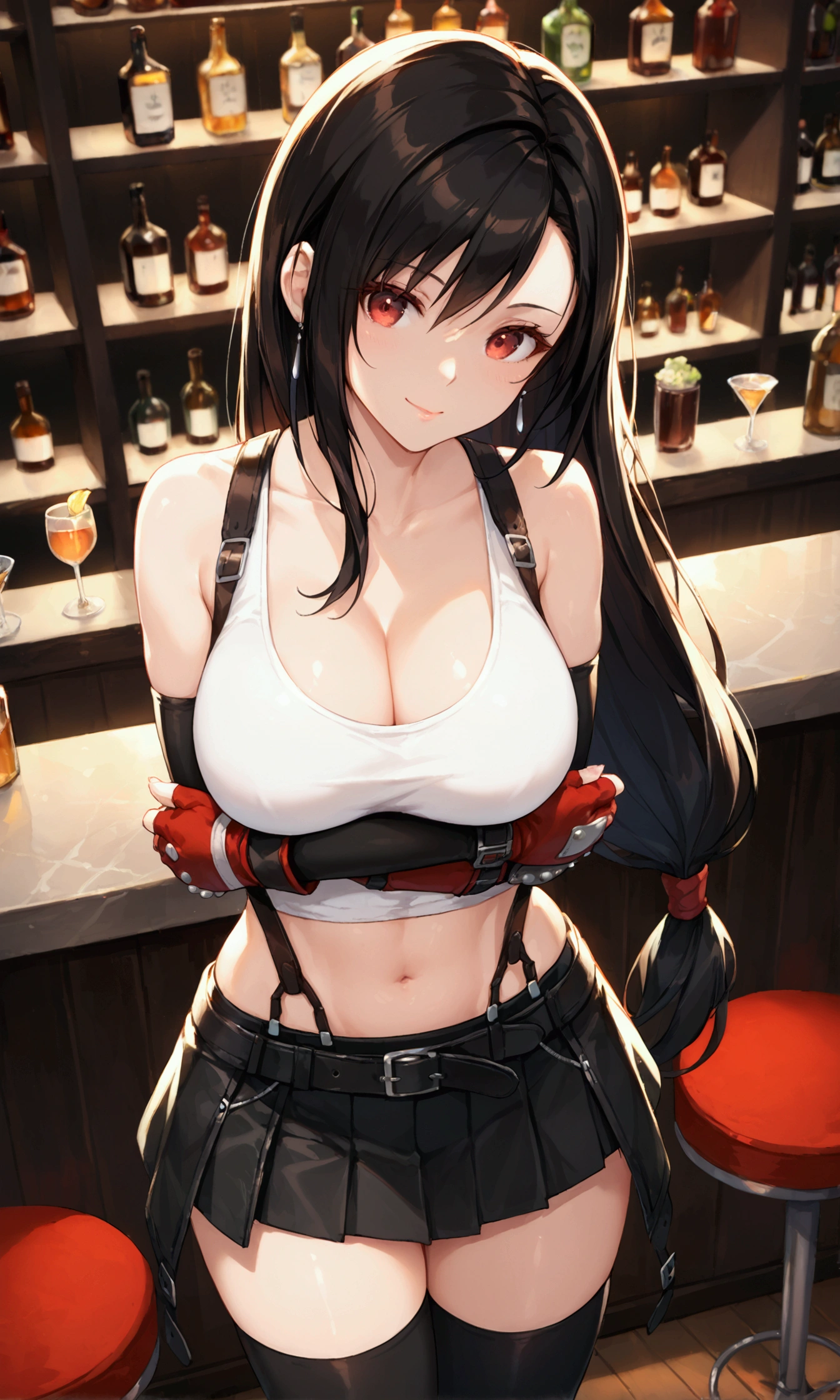 (score_9, score_8_up, score_7_up), BREAK  (masterpeace),(best quality),(aesthetic,very aesthetic),(highly detailed),1girl, tifa lockhart, final fantasy,(beautiful). black hair, low-tied long hair, red eyes, bangs, white tank top,gap, belt, pleated skirt, thighhighs, elbow fingerless gloves, elbow pads, midriff, navel,suspender skirt.zettai ryouiki,(large_breasts:1.3),Solo,upperbody,looking at viewer,  vibrant, joyful,cafe and bar,(Emphasize the cleavage),hands on counter,Showcasing cleavage:1.3 ,breast hold,counter,straight-on,breast focus,dynamic angle,