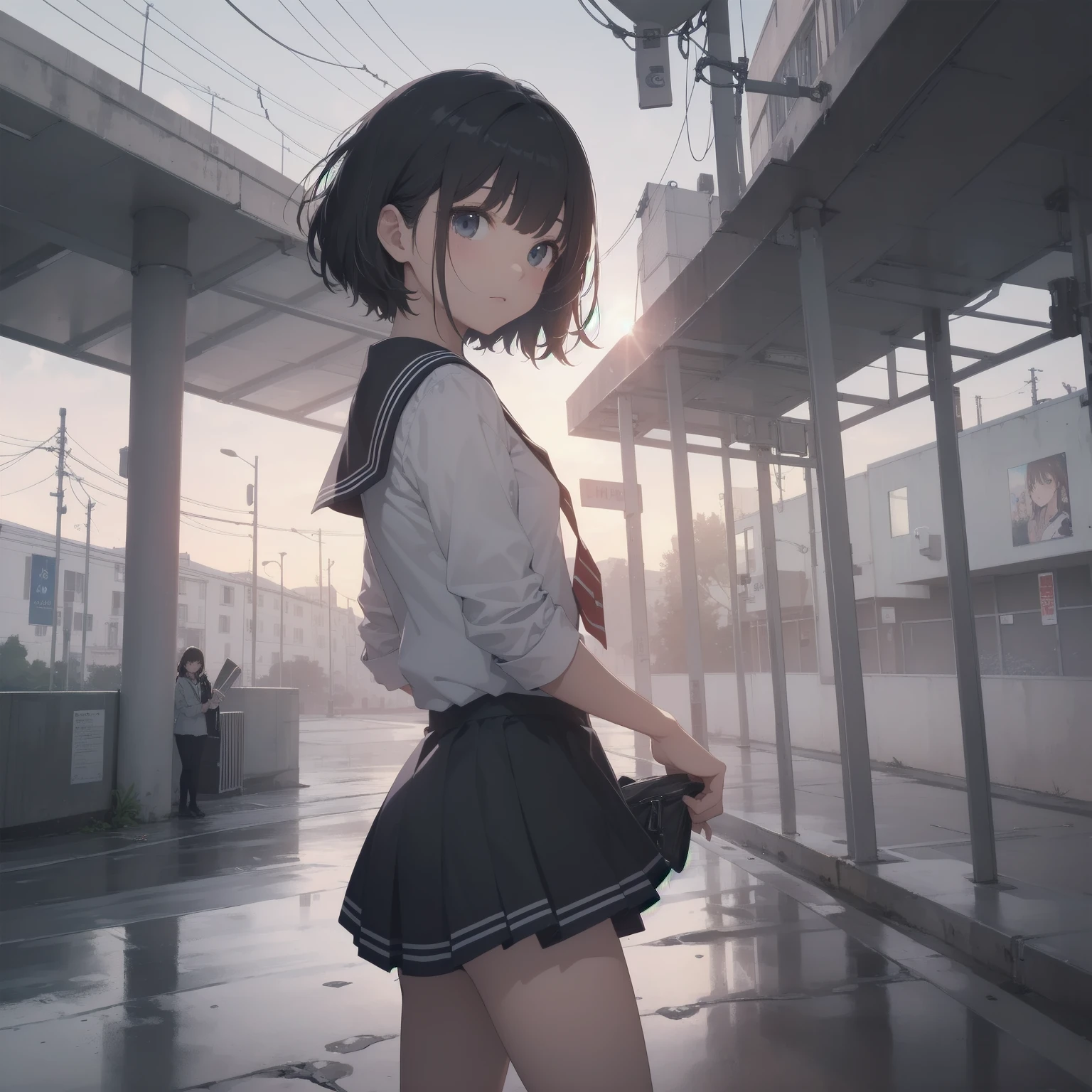 ultra-absurdres-Top quality by artist God, ultra-detailed, high resolution, anime moe artstyle, best anime 8k konachan wallpaper, pixiv contest winner, pool:2810, perfect anatomy,break, 1girl, (Please draw a girl walking sleepily to school alone. )break,(Solo,little female, :1.3),Full limbs, complete fingers,a junior high school student, (very short hair), short cut, flat chest, , small butt, smallck eyes, beautiful detailed eyes, well-proportioned iris and pupils, expressive eyes, highres detailed hair, soft expression, salor school_uniform, sailor collar, serahuku, bow, pleated skirt,(Detailed Lighting), (Detailed background), in the School commute route. break,super detailed skin, Best cinematic lighting powered by famous artist, 8k,beauty illustration,photoshop_(medium),very aesthetic,break,((artist:nekotoufu )), artist:clamp ,artist:carnelian ,artist:kantoku ,