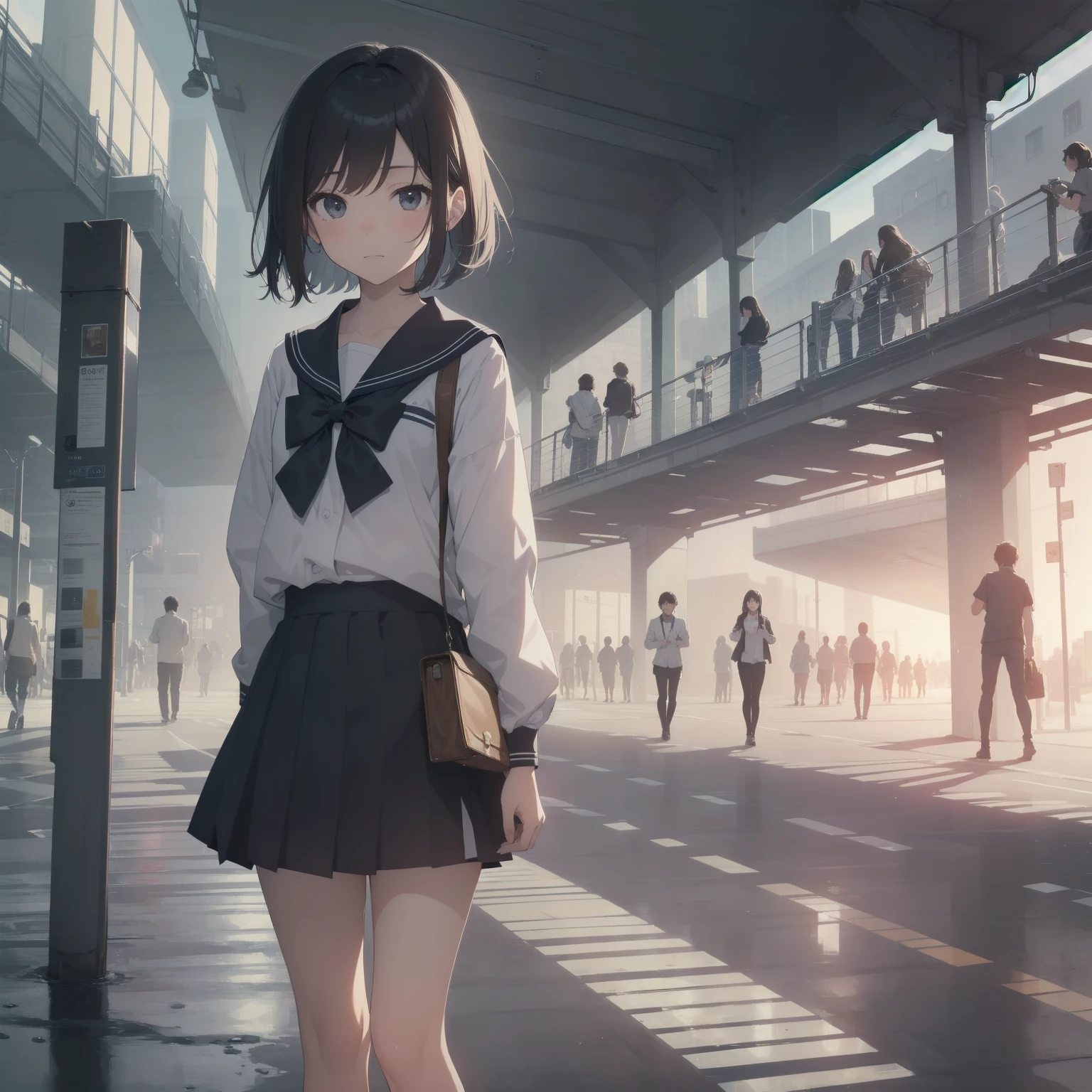 ultra-absurdres-Top quality by artist God, ultra-detailed, high resolution, anime moe artstyle, best anime 8k konachan wallpaper, pixiv contest winner, pool:2810, perfect anatomy,break, 1girl, (Please draw a girl walking sleepily to school alone. )break,(Solo,little female, 13-year-old:1.3),Full limbs, complete fingers,a junior high school student, (very short hair), short cut, flat chest, , small butt, small black eyes, beautiful detailed eyes, well-proportioned iris and pupils, expressive eyes, highres detailed hair, soft expression, salor school_uniform, sailor collar, serahuku, bow, pleated skirt,(Detailed Lighting), (Detailed background), in the School commute route. break,super detailed skin, Best cinematic lighting powered by famous artist, 8k,beauty illustration,photoshop_(medium),very aesthetic,break,((artist:nekotoufu )), artist:clamp ,artist:carnelian ,artist:kantoku ,