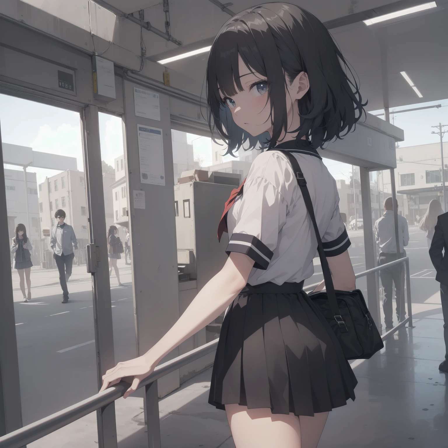 ultra-absurdres-Top quality by artist God, ultra-detailed, high resolution, anime moe artstyle, best anime 8k konachan wallpaper, pixiv contest winner, pool:2810, perfect anatomy,break, 1girl, (Please draw a girl walking sleepily to school alone. )break,(Solo,little female, 13-year-old:1.3),Full limbs, complete fingers,a junior high school student, (very short hair), short cut, flat chest, , small butt, small black eyes, beautiful detailed eyes, well-proportioned iris and pupils, expressive eyes, highres detailed hair, soft expression, salor school_uniform, sailor collar, serahuku, bow, pleated skirt,(Detailed Lighting), (Detailed background), in the School commute route. break,super detailed skin, Best cinematic lighting powered by famous artist, 8k,beauty illustration,photoshop_(medium),very aesthetic,break,((artist:nekotoufu )), artist:clamp ,artist:carnelian ,artist:kantoku ,