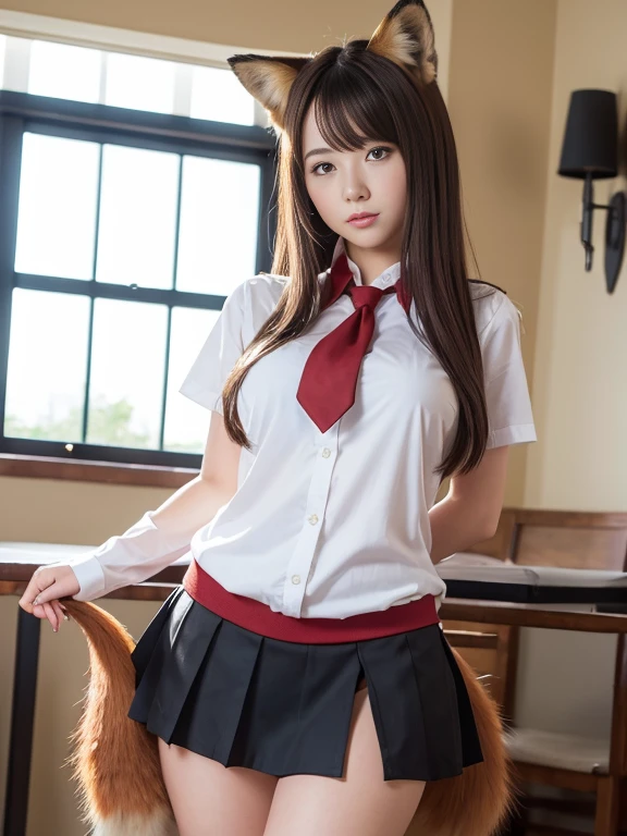 ((Highest quality, 8k)), ((masterpiece)), (Highest Resolution), Perfect Face, fox girl, high school girl, Beautiful woman, public, Has one tail, She has thick thighs, a large tail, She has a red fox tail, She wags her tail, Troubled face, fur collar, She wears a short skirt, Beautiful Hips , Big Breasts, The skirt is rolled up with a big tail
