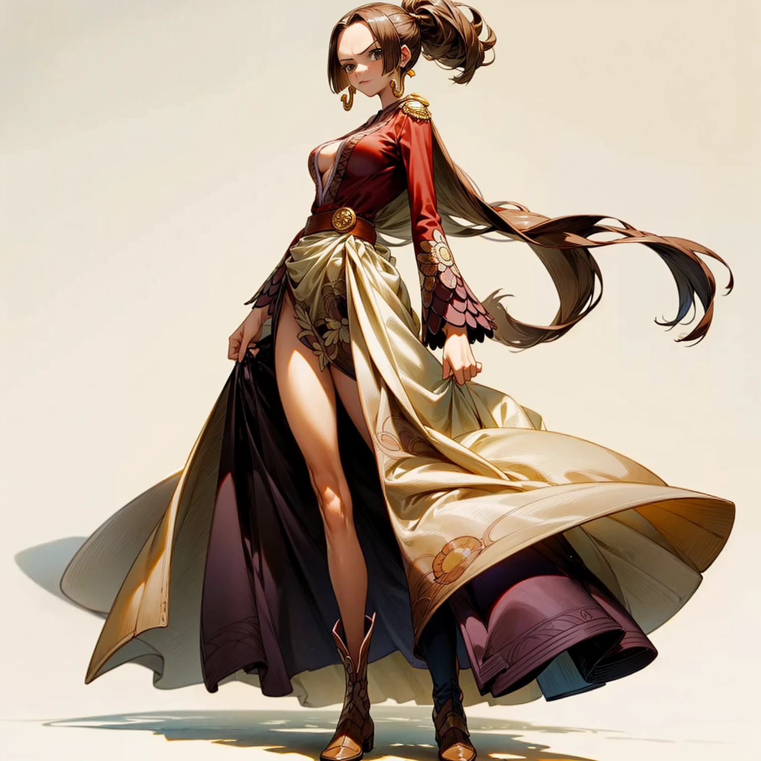 Solo character, full body version, young girl, long hairstyle, ponytail, brown color hair, hazel eyes, long dress soldier outfit, armors, boots, diamond earring, belt, bracelet, (one piece style art), shadow, standing gesture, white simple background, sword gold in hand, Big breasts