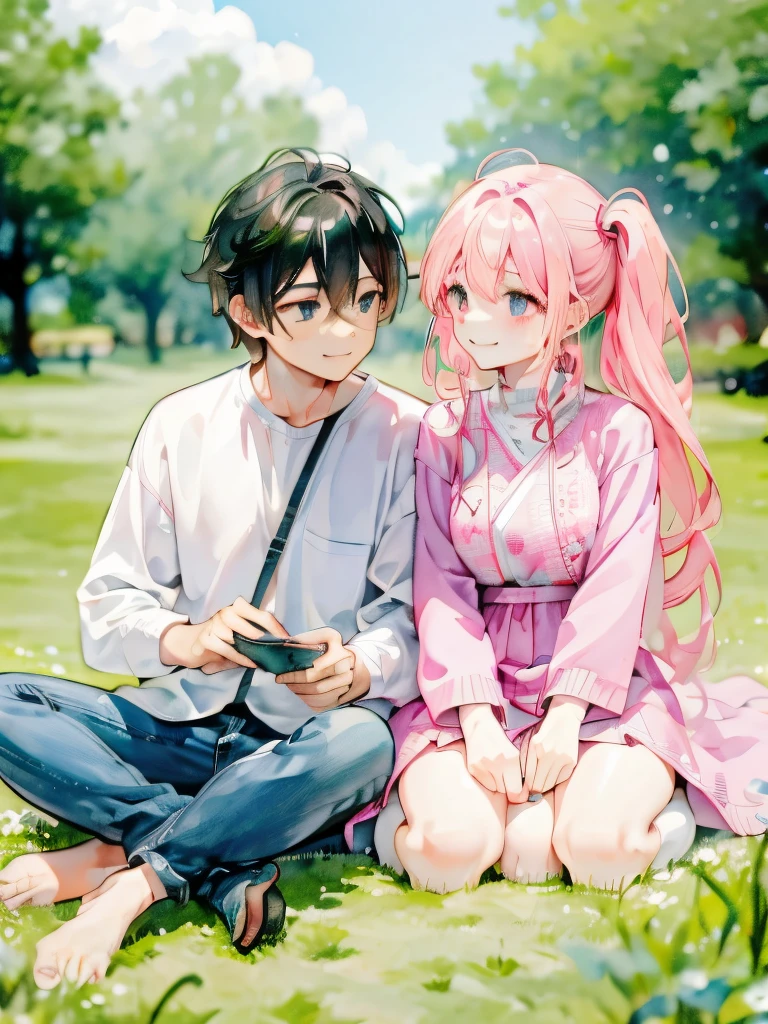 couple, (1man, 1woman), casual cloth, cute couple, happy smile, sitting on grass, romantic atmosphere, having fun, pink, picnic, close up, zoom in, detailed face, dreamy eyes, soft light, romance, novel cover, webtoon, anime style, comic, watercolor, by makoto sinkai, modern era, good proportion, different height, symmetry, (HD, 4K, high resolution, masterpiece, absurdres)