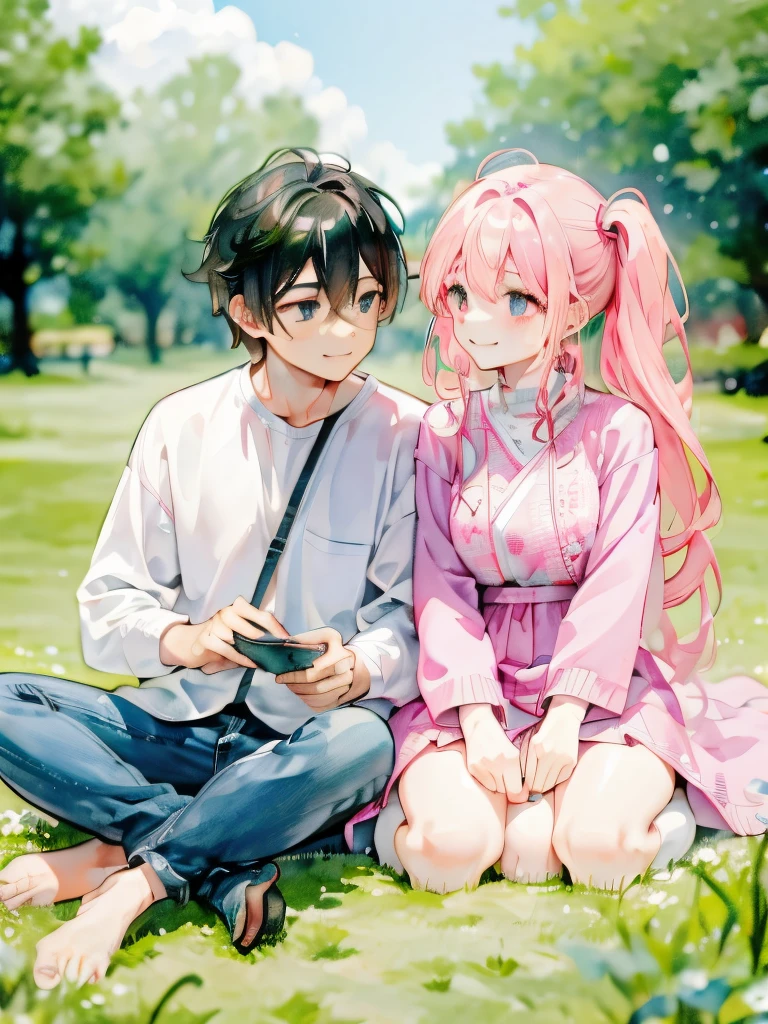 couple, (1man, 1woman), casual cloth, cute couple, happy smile, sitting on grass, romantic atmosphere, having fun, pink, picnic, close up, zoom in, detailed face, dreamy eyes, soft light, romance, novel cover, webtoon, anime style, comic, watercolor, by makoto sinkai, modern era, good proportion, different height, symmetry, (HD, 4K, high resolution, masterpiece, absurdres)