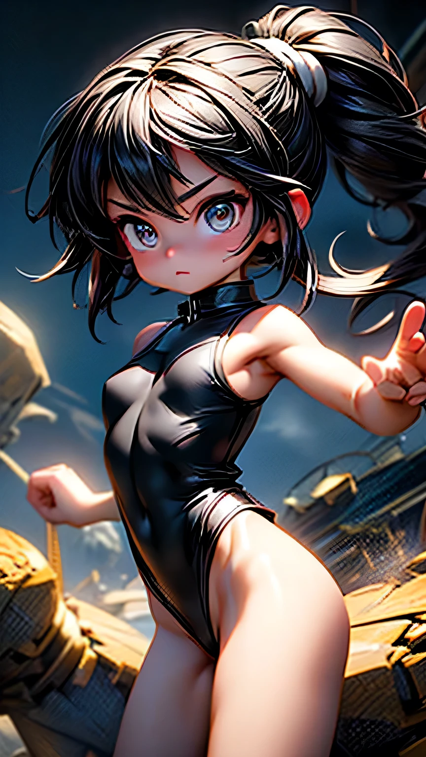 high quality, Real engine, Female Fighter, Fighting Pose、In the battle scene, Ready to fight, 4K, Invincible, The best warrior, Fighting Pose, Aggressive, sweating, Blood vessel, (Big Breasts), Toned Abs, White skin, Black ponytail, (((Black leotard))), Looking into the camera、masterpiece, 最high quality, high quality, High resolution、Realistic、(Cinema Lighting)、Detail emphasis, Beautiful lighting、Sharp focus. 超Detailed face、Detailed Iole Hair、Black Hair、Long Hair、Beautiful Hairstyles、Detailed face、Exposed breasts、Cleavage、(Big Breasts)、(Hard nipples)、Incredibly stupid, It seems ridiculous.., (((Black leotard))), In a dark cave、Inside a realistic cave、
