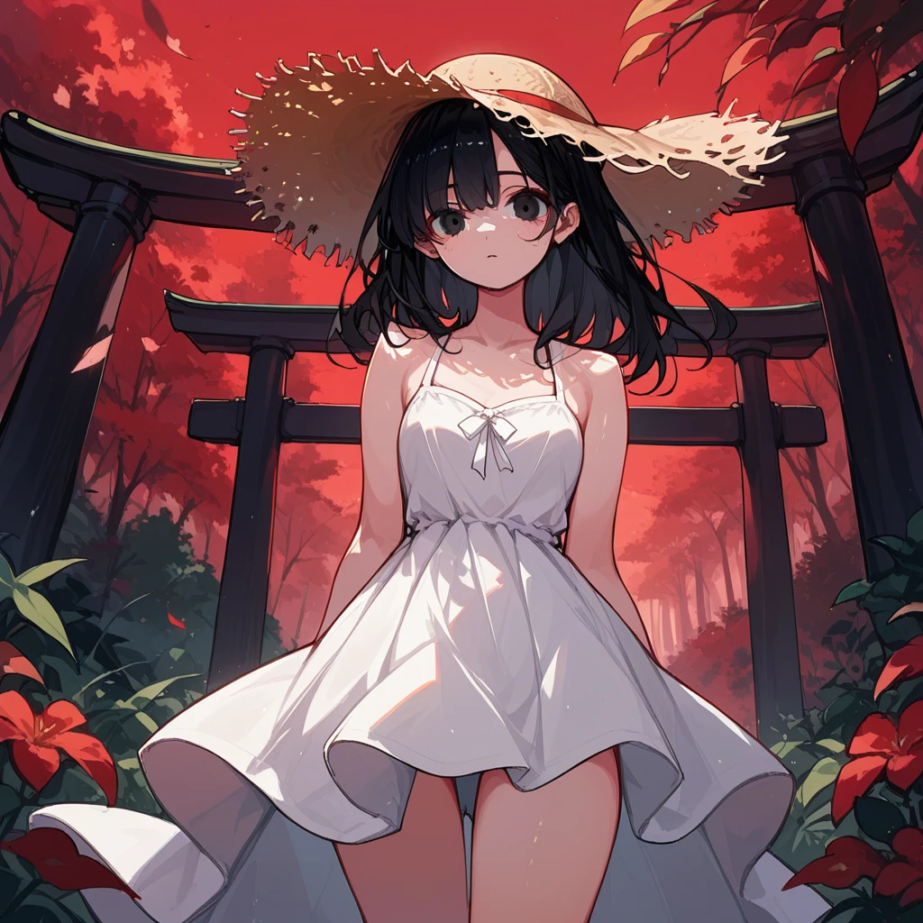 score_9, score_8_up, score_7_up, score_6_up, score_5_up, score_4_up, masterpiece, best quality, source_anime,2D、flat、1girl, black hair,straw hat、、white dress、red sky、red lite japanese forest、Torii, summer