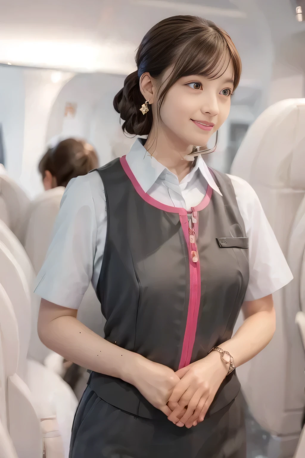 (masterpiece:1.2, Highest quality:1.2), 32k HDR, High resolution, (alone、1 girl)、(On the roof of a building、Professional Lighting)、daytime background、(Realistic style of JR Gran Class crew uniform)、Short sleeve blouse、a scarf around the neck、(JR Gran Class flight attendant uniform with pink parts on the skirt sleeves)、(The uniform of the flight attendants of JR Gran Class has a pink line on the front zipper of the vest.)、There are no pink lines on the uniform skirts of flight attendants in JR Gran Class、Dark brown hair、(Hair tied up、Chignon)、Dark brown hair、Long Shot、Big Breasts、((Great hands:2.0)),((Harmonious body proportions:1.5)),((Normal limbs:2.0)),((Normal finger:2.0)),((Delicate eyes:2.0)),((Normal eyes:2.0)))、Luxury earrings、smile、Beautiful standing posture,