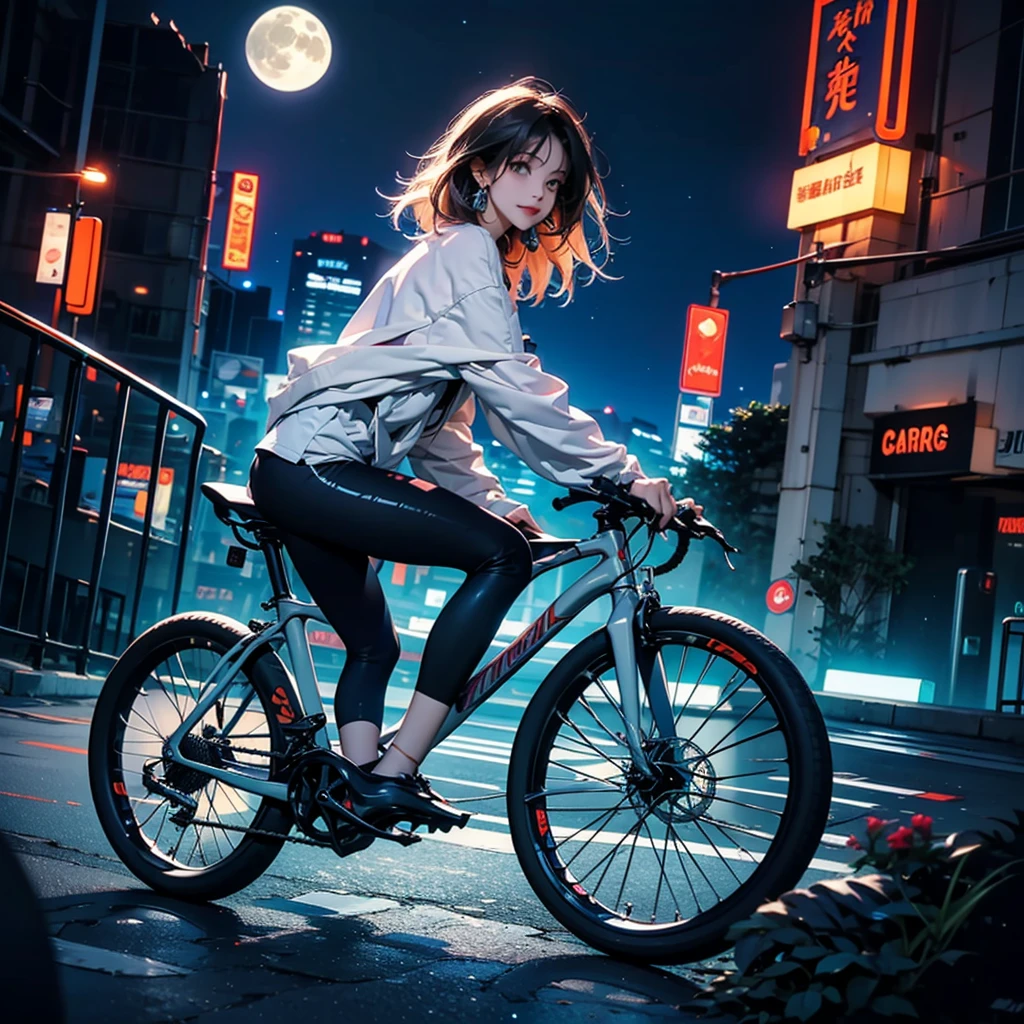 female bike speed ride Night view neonlights Near future moon