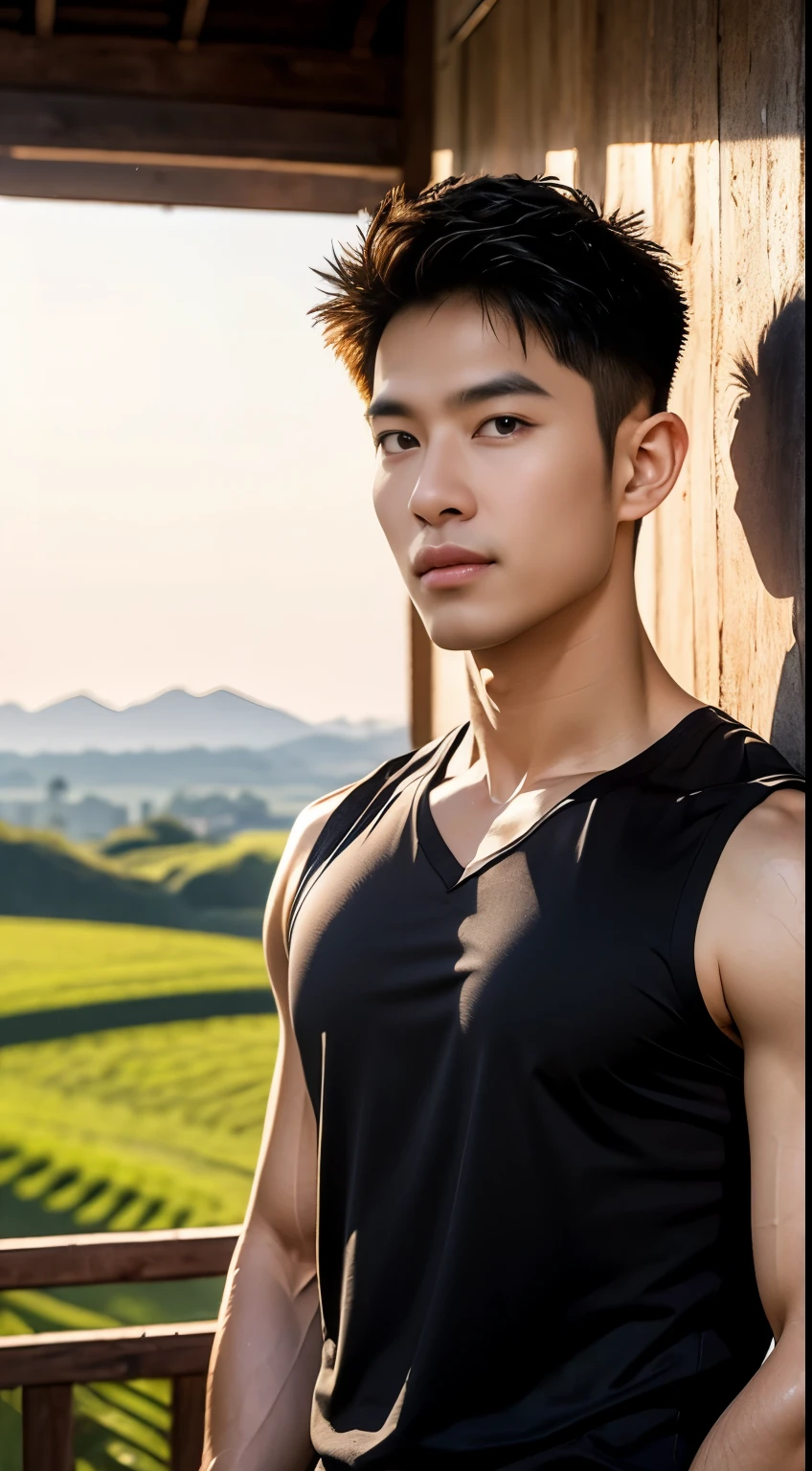 (As a matter of fact, Masterpiece, High resolution 8K, good light quality, Portrait, closed on face, complicated details), Handsome Korean Uncle., beard，Age 40, Staring at desire, detailed face, Detailed eyes, look at the sky, countryside, countryside, Thai style wedding, tank top，Tick,black eye, (Pale skin), body standards,brown hair, smooth hair,Big Back， Outdoor activities, evening, sunset,office room, exaggerated, There is no identity, the chest is wide open, the scene is a bedroom.
