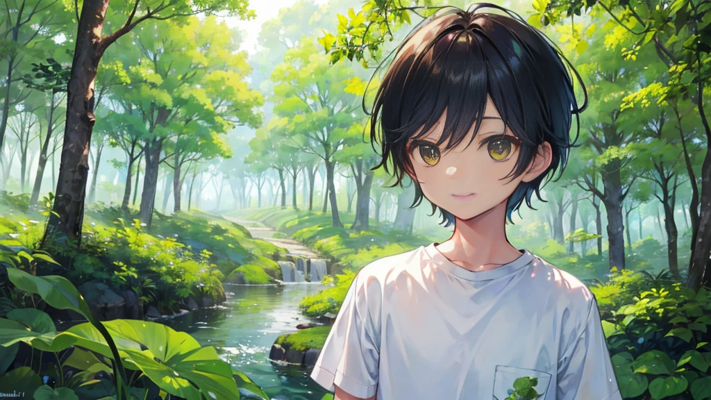 The emerald-green forest enveloped the surroundings, creating a serene oasis of tranquility and life、Red short sleeves, blue jeans, Forest background, brown skin boy, sunny day, black hair,very Smile、sunlight、portrait、(Shota:1.4)