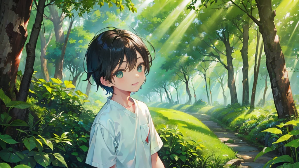 The emerald-green forest enveloped the surroundings, creating a serene oasis of tranquility and life、Red short sleeves, blue jeans, Forest background, brown skin boy, sunny day, black hair,very Smile、sunlight、portrait、(Shota:1.4)