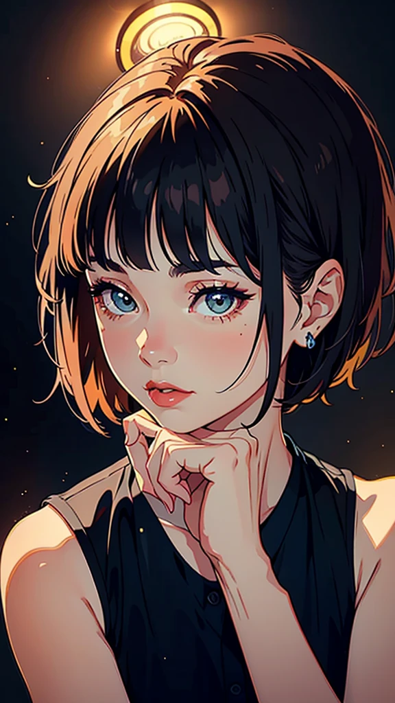 A girl with short brown hair and bangs is captivating wearing a sleeveless blouse, Against a beautiful background, Illuminated with stunning UHD studio lighting reminiscent of Paramount. Her hair frames her face in a stylish way., Increase her attractiveness. Illustration style is、Inspired by Audrey Kawasaki's contemporary and vibrant work。, Known for his fantastical and emotive illustrations. The color palette is、Pair warm earth tones with complementary accents, Create a visually appealing composition. The camera angle is、The girl is captured in a natural, relaxed pose, A carefully crafted studio setting shows off her natural beauty.Upper Body,Front facing