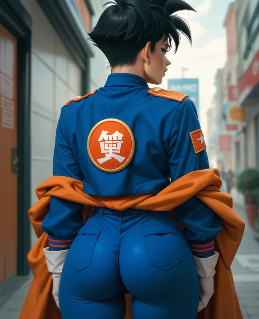 Goku from Dragon Ball female version, big  tearing the uniform, big  out of uniform 