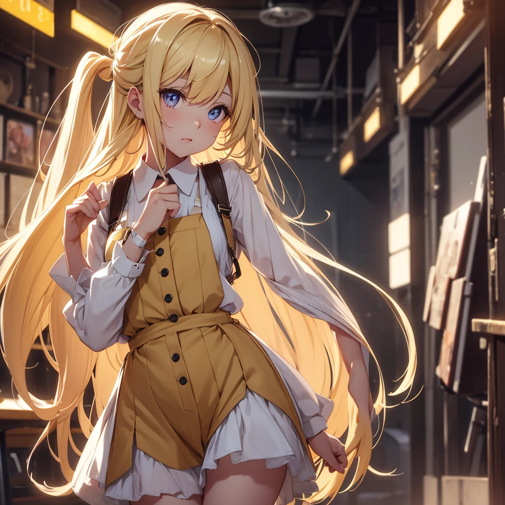 ly ridiculous, beautiful girl, cute, light yellow long hair, short suspenders, depth of field, high resolution, hyperdetail, fine detail, very detailed, very detailed eyes and face, sharp pupils, realistic pupils, sharp focus, cinematic lighting,