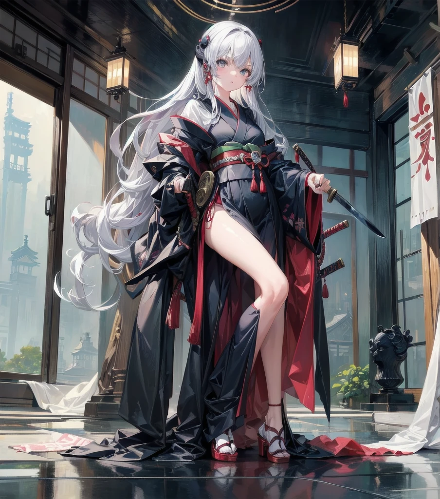 masterpiece of,(perfect anatomy:1.4), best quality, expensive_solve, small details, expensively detailed and beautiful, clear_image、((one girl)), ((Japanese sword))、(Japanese-style room)、(ninja)、cyborg