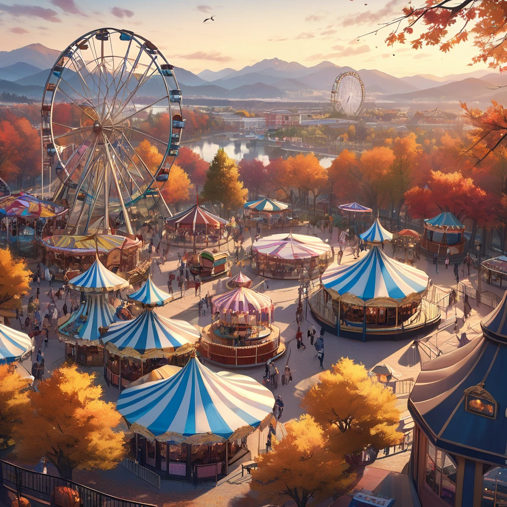 The scenery outside the window of the gondola at the top of the Ferris wheel, can see roller coasters, carousels, haunted teacups, and more, distant view, outside the amusement park is a residential area, mountains can be seen in the distance, amusement park,It is late autumn, 