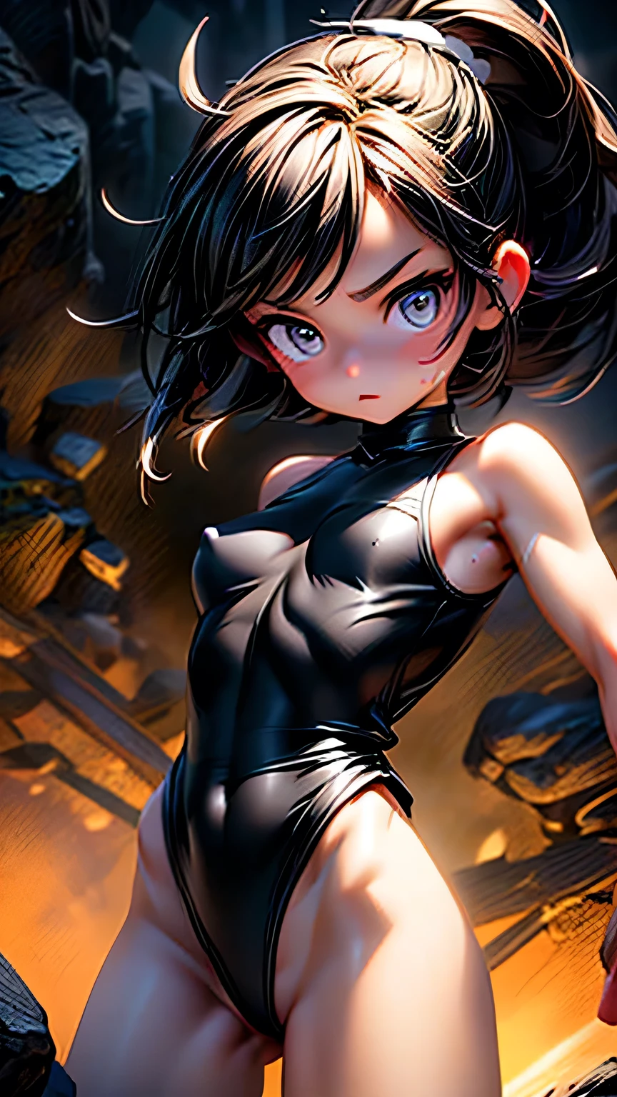 high quality, Real engine, Female Fighter, Fighting Pose、In the battle scene, Ready to fight, 4K, Invincible, The best warrior, Fighting Pose, Aggressive, sweating, Blood vessel, (Big Breasts), Toned Abs, White skin, Black ponytail, (((Black leotard))), Looking into the camera、masterpiece, 最high quality, high quality, High resolution、Realistic、(Cinema Lighting)、Detail emphasis, Beautiful lighting、Sharp focus. 超Detailed face、Detailed Iole Hair、Black Hair、Long Hair、Beautiful Hairstyles、Detailed face、Exposed breasts、Cleavage、(Big Breasts)、(Hard nipples)、Incredibly stupid, It seems ridiculous.., (((Black leotard))), In a dark cave、Inside a realistic cave、