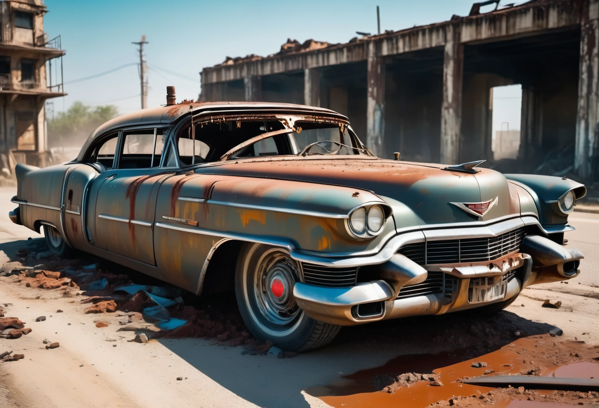 Create a diagonal and accurate image of an 18 year old girl with sunglasses leaning next to an old rusty and dirty 1955 Cadillac Eldorado with METAL spikes on the hood, Armored Vehicle, there are MANY SPOTS AROUND the car bodywork. WIDE AND THICK DIRTY WHEELS, turned wheels, front with a broken metal grille with several rusty spikes and blood-stained anti-zombie spikes; military style with modifications and protection with metal plates, war tank style, broken and dirty headlights, the car is on a destroyed white concrete overpass in the center of a post-apocalyptic city, Make multiple ultra futuristic tall and cylindrical buildings in ruins around the street, steampunk car, dramatic art, dieselpunk art style, apocalyptic road warrior vibe, surreal digital art, mad max inspired, heavy metallic artwork, chrome grille symmetry, arte steampunk digital, It&#39;s not the Mad Max style, metallic art, is not Filip Hodas; artwork style, steampunk digital art, dieselpunk, in a hightech world, photo on the diagonal