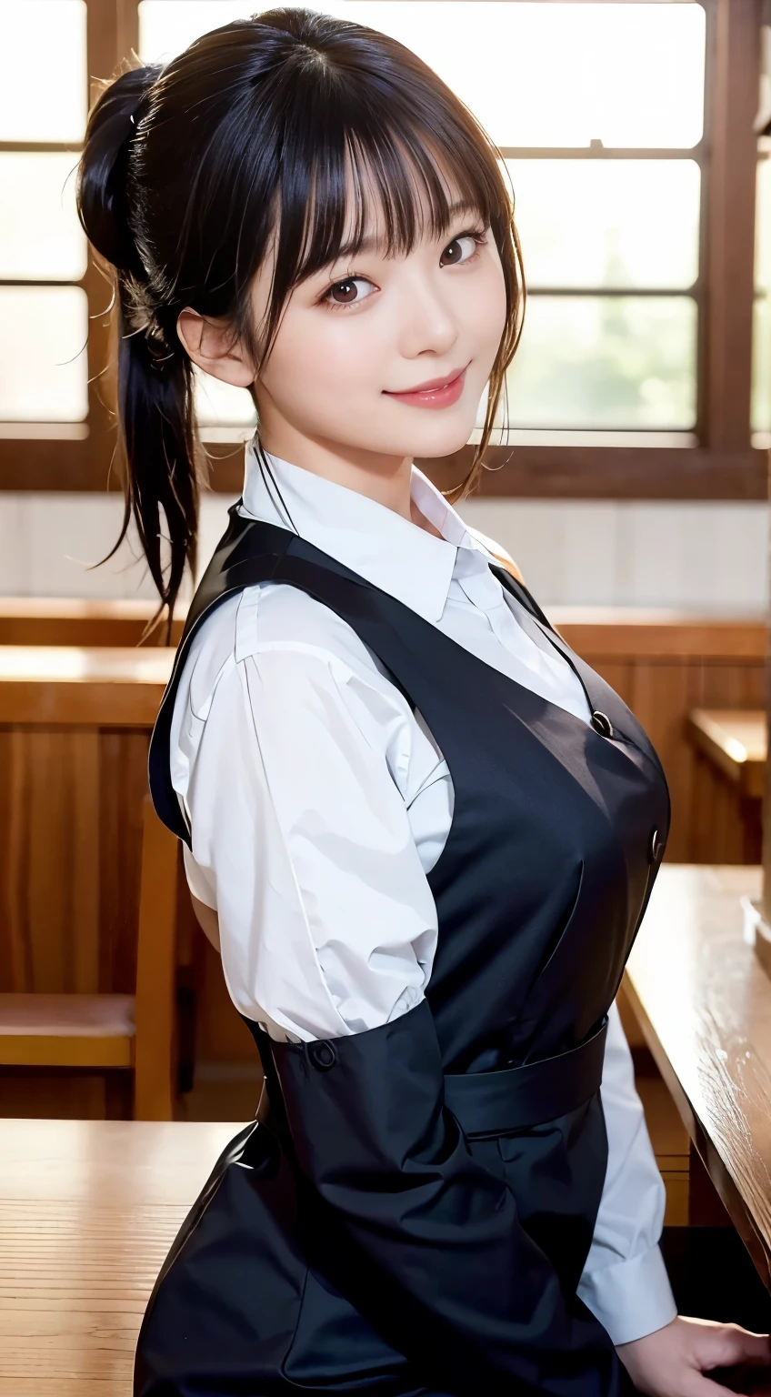 (Highest quality,masterpiece:1.3,Ultra-high resolution,),(Very detailed,Caustics),(Realistic:1.4,RAW shooting,)Ultra-Realistic Capture,Very detailed,High resolution 16K human skin closeup。 Natural skin texture、,pores、、、、It must be detailed enough to be easily identifiable。 Skin tone is even and healthy looking。 Use natural light and colour,restaurant,Waitress Uniform,1 girl,Japanese,18-year-old,cute,Black-haired,ponytail,Big Breasts,smile,Turn your body forward,(Front view:1.1),Looking into the camera,Cowboy Shot,