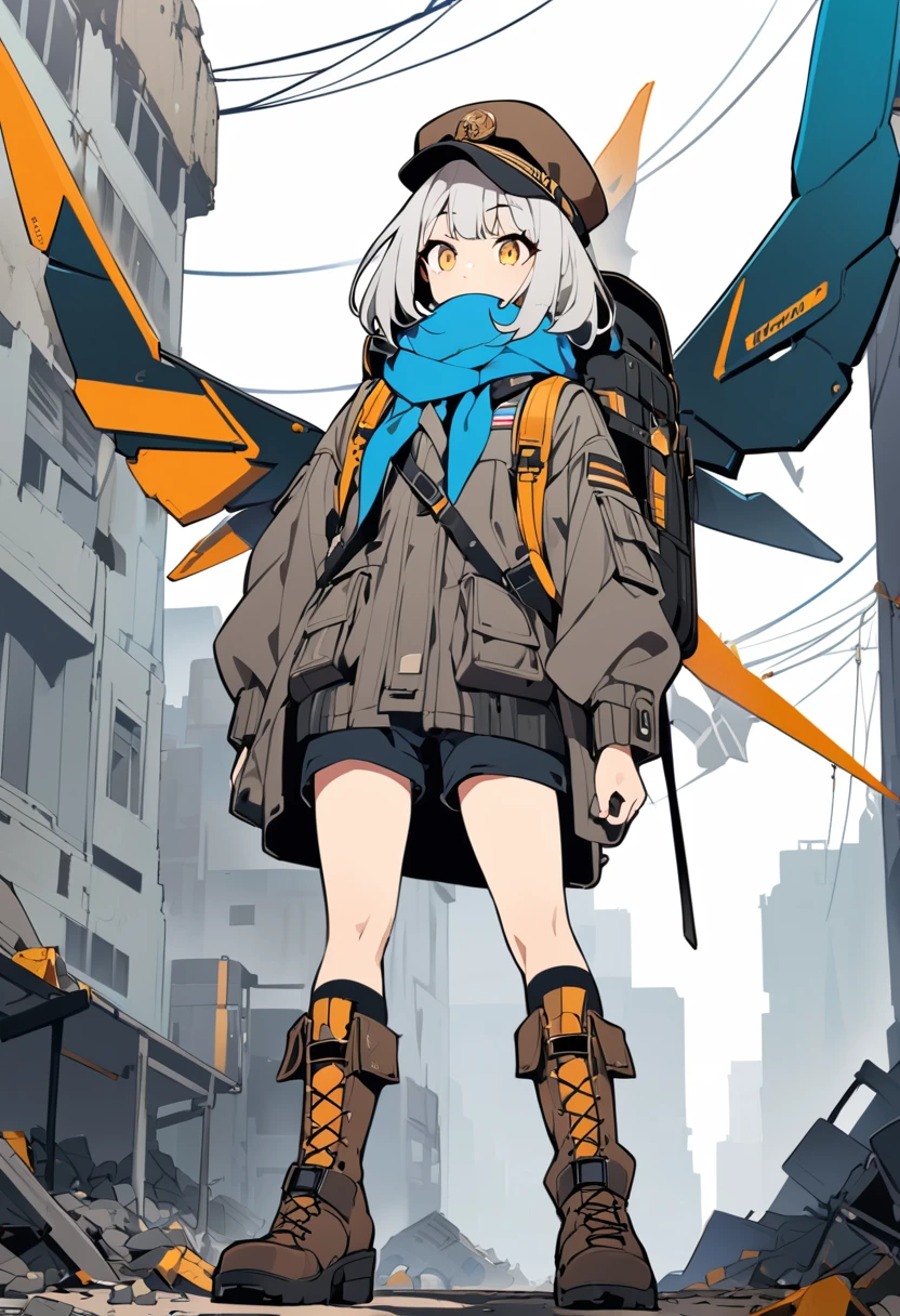 (masterpiece, best quality:1.1), (ultra highres, ultra-detailed:1.2),flatcolor,1girl, solo, silver hair, bob cut, golden eyes, brown hat, goggles, gray flight jacket, blue neckerchief, blue scarf, backpack, mechanical hawk wings, short pants, leather boots, white background, simple background, full body, standing, in mechanical ruins,absurdity, extraordinary,dynamic angle,tachi-e , bird --s 400 --style raw --niji