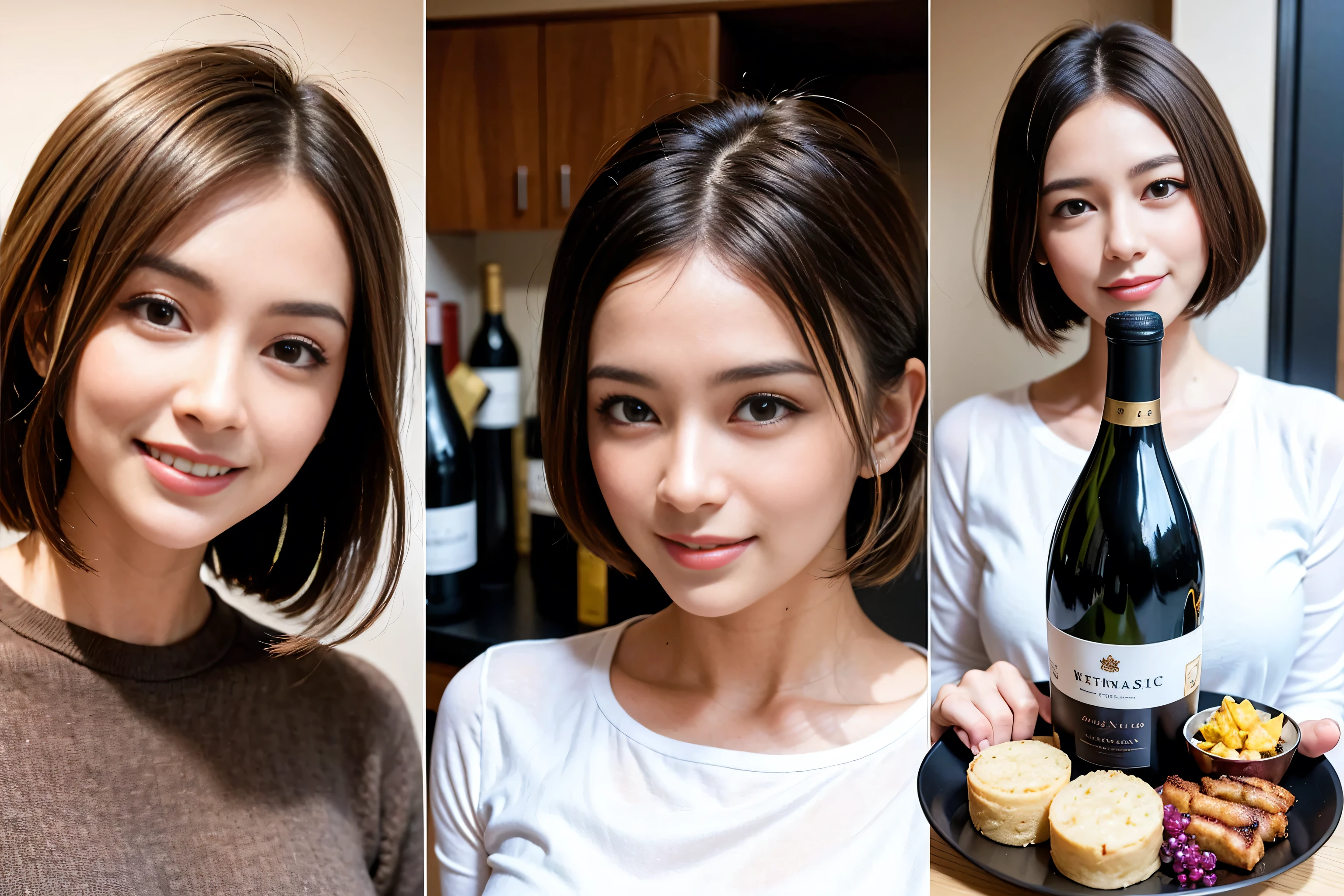 (Realistic:1.1),(masterpiece,Highest quality),8k,(49 years old), 50 years old, slimカップル、Tight waist,Upper Body,full-course dinner、wine 、Amazing view of the sunset sky and clouds、Perfect Anatomy, Brown Hair, short hair,Random Hairstyles,((Highly detailed face and eyes:1.2)),Perfect golden ratio face,Long sleeve shirt、dress,(smile:1.2)、Shortcuts、cute、(Realistic, Intricate details:1.2), A bright smile、short hair,Bright Face、赤wine 、Appetizers、Italian food、wine bottle、Champagne、スパークリングwine、(slimな顔), (The body is slim), (Brown Hair), (Shortcuts), Upper Body, 白wine, slim, wineグラス,