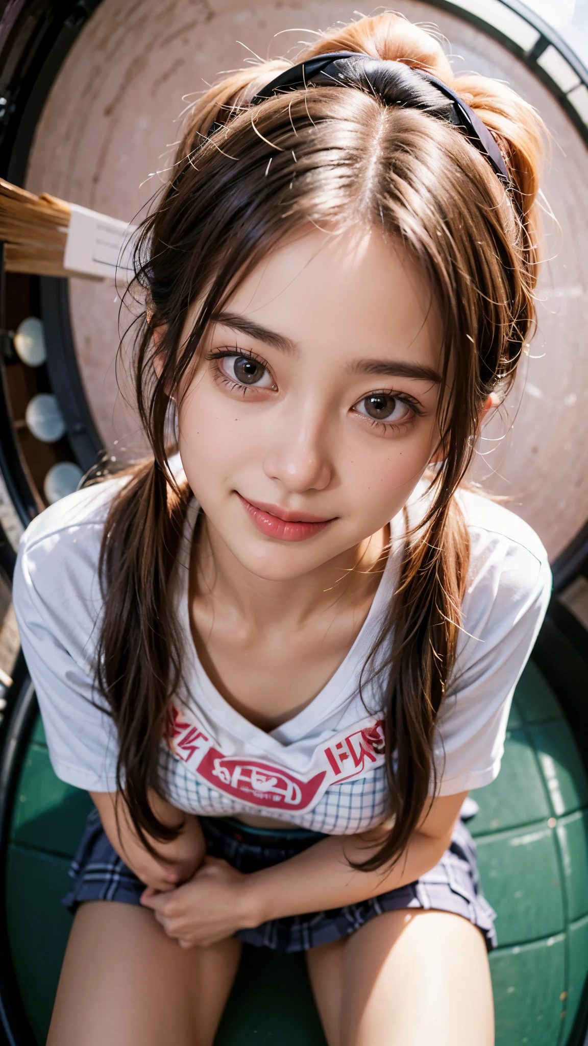 Highest quality, masterpiece, 4K Ultra High Resolution,Detailed face:1.6,(((Face Focus:1.6))) (Realistic:1.6), (Portrait of a woman kneeling with legs apart) RAW Photos, 1 girl, 20-year-old,((Bra top and light pink checked uniform miniskirt)),((Ponytail and hair tie)),,((Looking up at the audience)),((Image Media Chest)),((Smiling with teeth showing)),((Shooting from above with a fisheye lens:1.4))