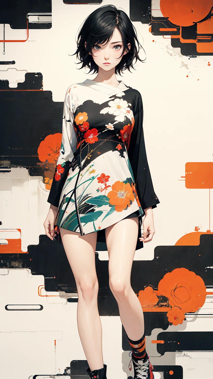 (masterpiece, High resolution, Highest quality), 20-year-old woman, Asymmetrical short hair, Hands in pockets:1.3, Japanese-style punk fashion, Petal Collage, Foxfire, abstract design, artistic juxtapositions, And handle background, warm color, mixed-media approach, Anime Style, Simple lines, Digital Painting,