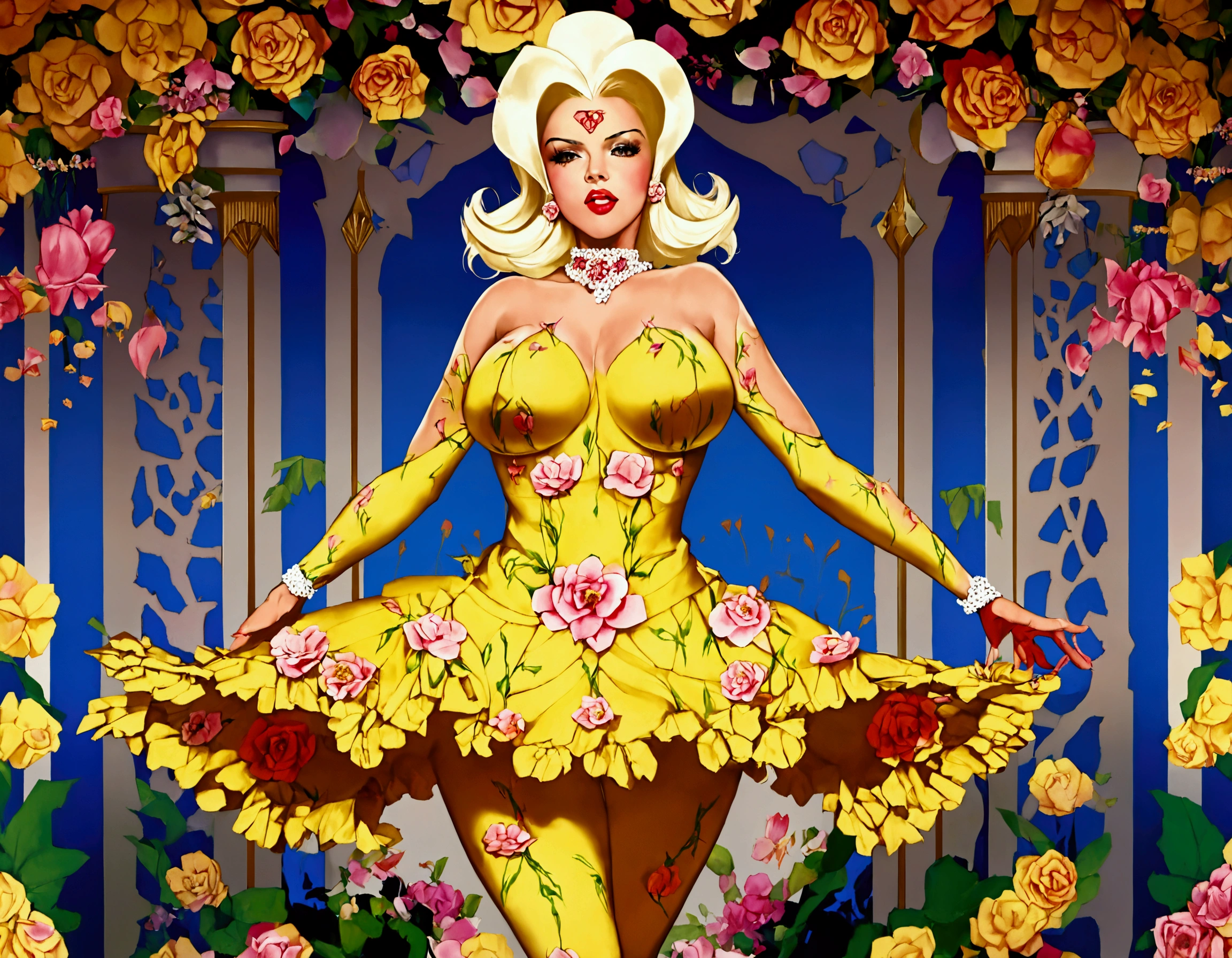 (Jayne Mansfield, age 25, extensive artistic body paint flower themed (only face and hands exposed)), doing an interpretive dance on stage, she is in spotlight, dancing like a flower in breeze
