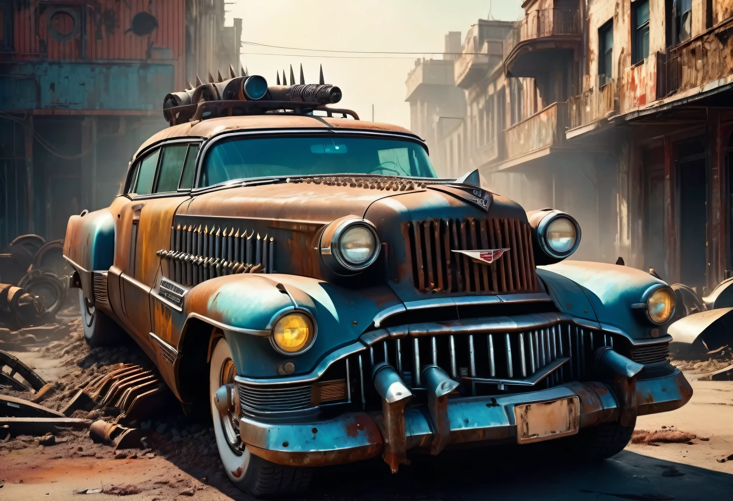 Create a diagonal and accurate image of an 18 year old girl with sunglasses leaning next to an old rusty and dirty 1955 Cadillac Eldorado with METAL spikes on the hood, Armored Vehicle, there are MANY SPOTS AROUND the car bodywork. WIDE AND THICK DIRTY WHEELS, turned wheels, front with a broken metal grille with several rusty spikes and blood-stained anti-zombie spikes; military style with modifications and protection with metal plates, war tank style, broken and dirty headlights, the car is passing on the street in the center of a post-apocalyptic city with several tall cylindrical shaped and ultra futuristic buildings in ruins around the street, debris fallen from buildings on the street, steampunk car, dramatic art, dieselpunk art style, apocalyptic road warrior vibe, surreal digital art, mad max inspired, heavy metallic artwork, chrome grille symmetry, arte steampunk digital, It's not the Mad Max style, metallic art, is not Filip Hodas; artwork style, steampunk digital art, dieselpunk, in a hightech world, photo on the diagonal