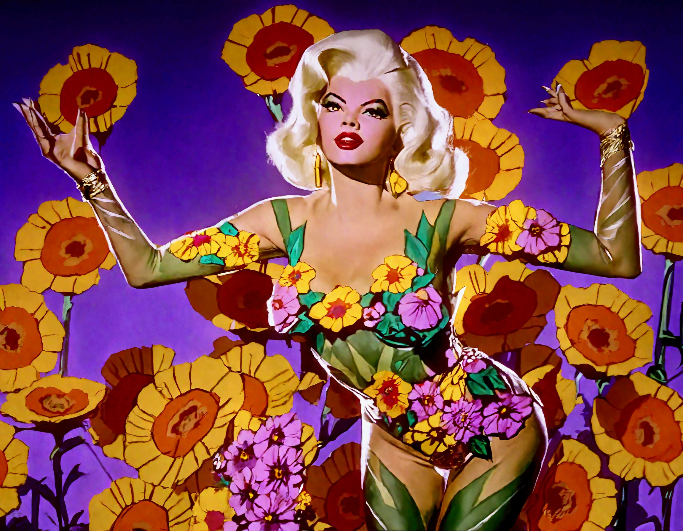 (Jayne Mansfield, age 25, extensive artistic body paint flower themed (only face and hands exposed)), doing an interpretive dance on stage, she is in spotlight, dancing like a flower in breeze
