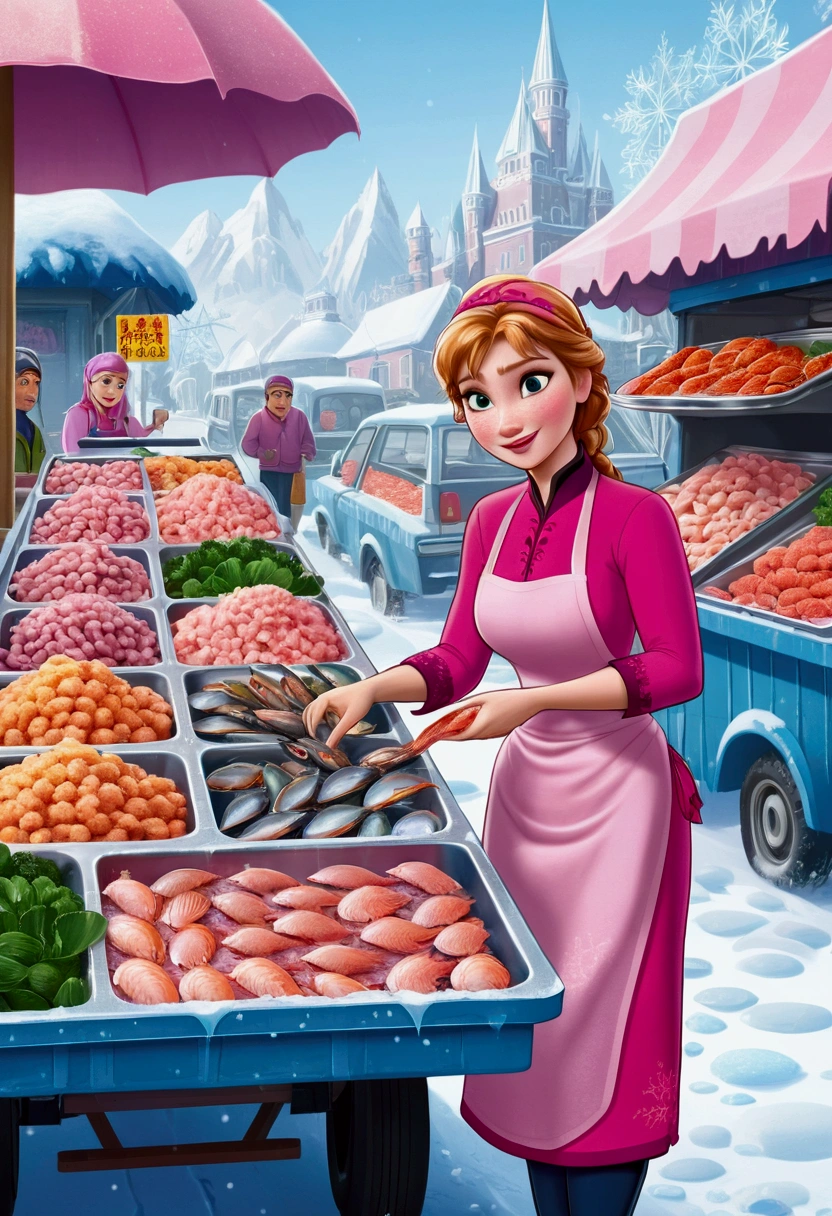 cartoon pictures,Frozen food seller,Beautiful picture,best quality,A vendor wearing a pink outfit picks up seafood on a tray.