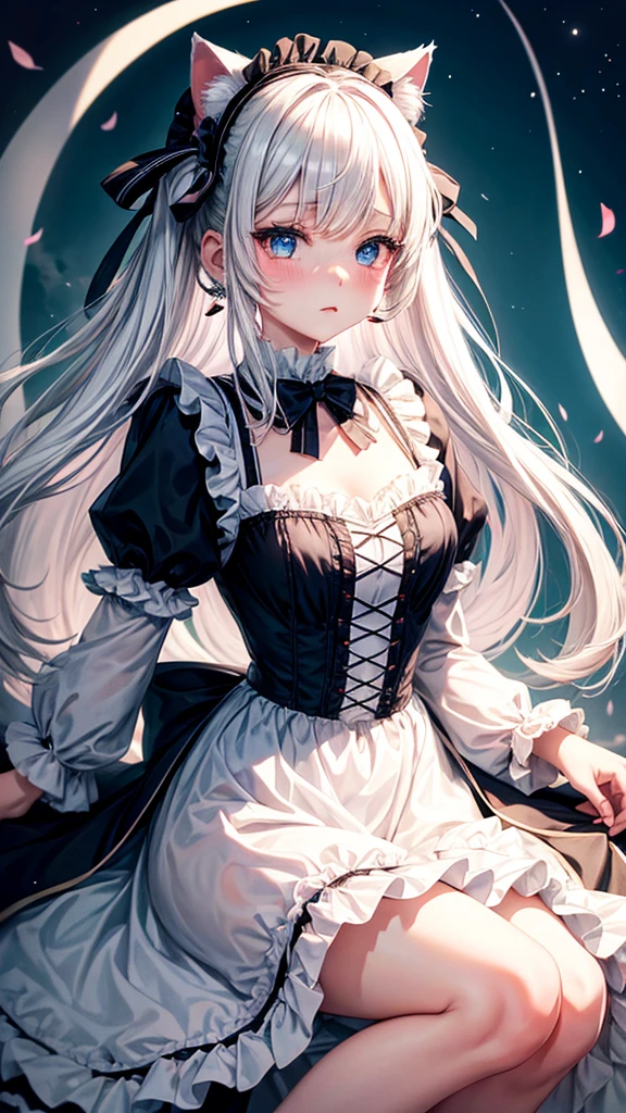 Lolita fashion, solo, 1girl, blush, cat ears, white hair, blue eyes, blush, high heels, cat tail, earings, masterpiece, long dress, ribbons, windy
