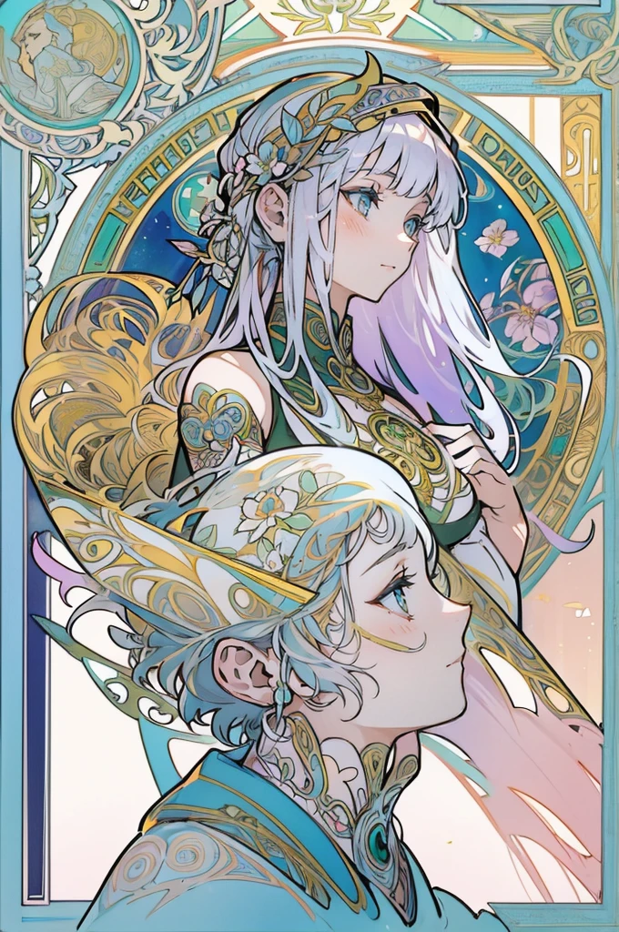 Depicts a beautiful woman with flowers in her hair、Highly detailed watercolor painting, The style of Alfons Maria Mucha and Gustav Kirmut, Art Nouveau accents, Fairy Princess, Anthropomorphic woman, Female figure, Detailed cover artwork, As the Flower Goddess, Alphonse Mucha, Gustav Klimt, Pale skin, Marble sculpture, society, Gothic art, Art Nouveau, Behance Contest Winner