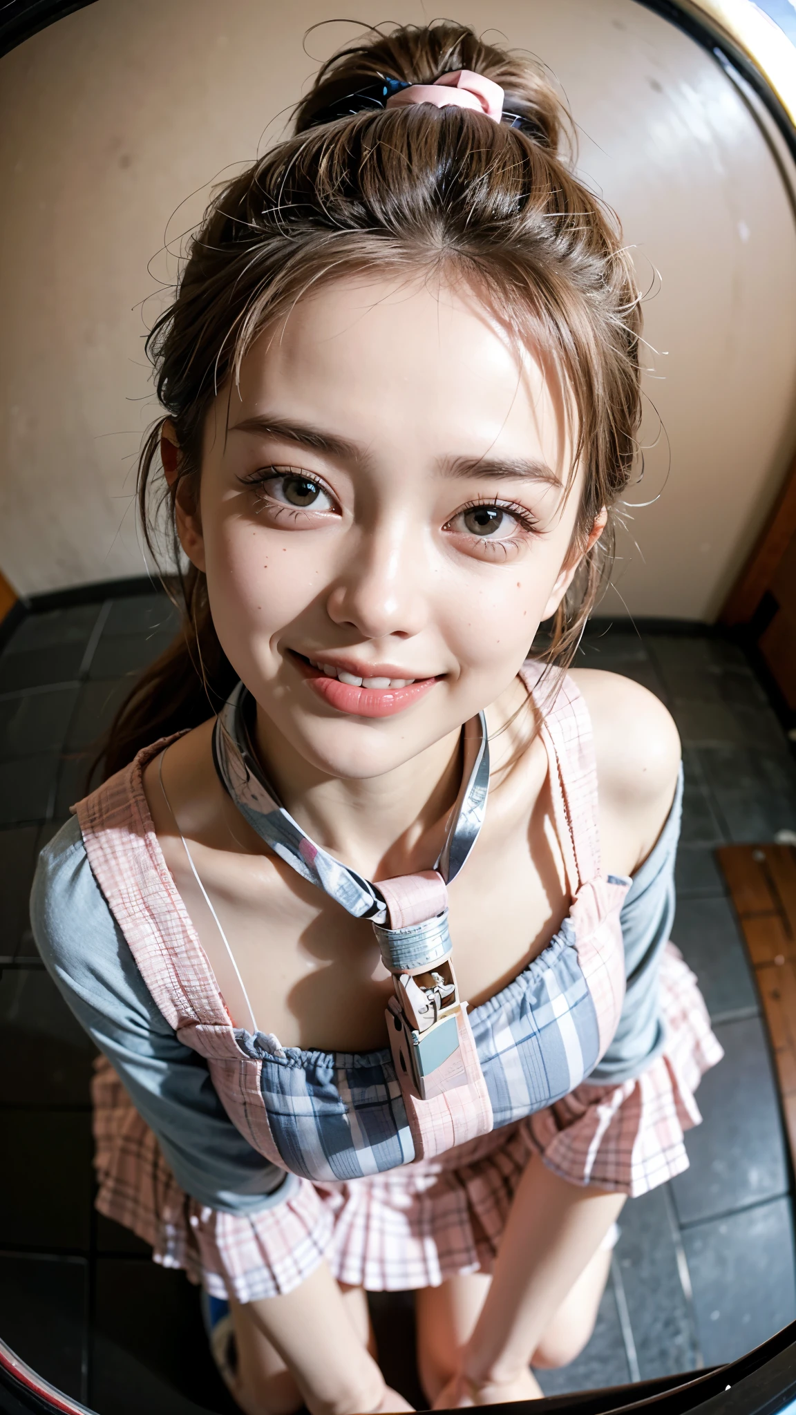 Highest quality, masterpiece, 4K Ultra High Resolution,Detailed face:1.6,(((Face Focus:1.6))) (Realistic:1.6), (Portrait of a woman kneeling with legs apart) RAW Photos, 1 girl, 20-year-old,((Bra top and light pink checked uniform miniskirt)),((Ponytail and hair tie)),,((Looking up at the audience)),((Image Media Chest)),((Smiling with teeth showing)),((Shooting from above with a fisheye lens:1.4))