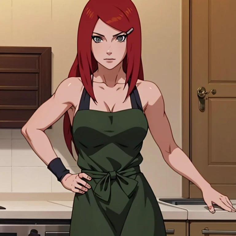 full_body, masterpiece, (1 girl), Kushina Uzumaki, medium breasts, (neckline), (Whole body), long red hair, gray eyes, perfect body, beautiful body, anime screencap, milf, green naked apron, shinobi sandals