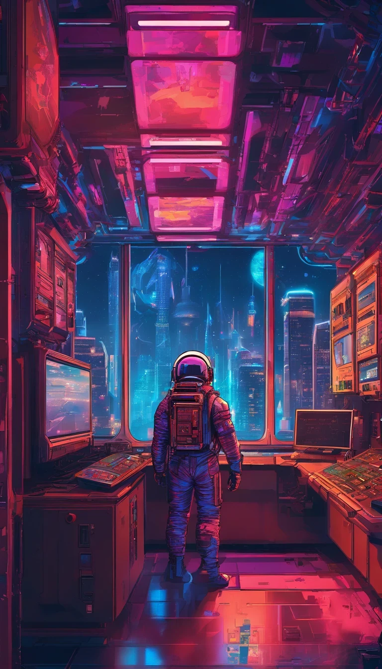 The astronaut looks out the spacecraft window，Large area of windows，Blue tones inside the spacecraft，neonlight，City view from the window