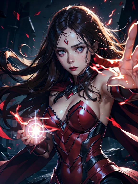 scarlet witch,female,beautiful detailed eyes,beautiful detailed lips,extremely detailed face,long eyelashes,glowing red aura,hands emitting chaos magic,detailed magical effects,dark mystical background,(best quality,8k,highres,masterpiece:1.2),ultra-detailed,realistic,photo-realistic:1.37,concept art,dark fantasy,cinematic lighting,vivid colors