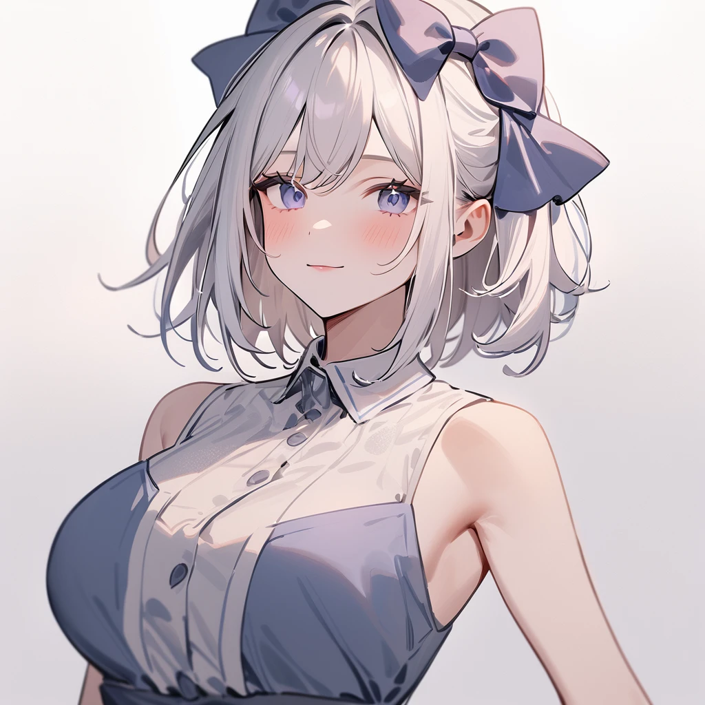 1girl,Solo,White hair,Blue and red, swept bangs,straight-on,medium hair,big breast,masterpiece, best quality,very aesthetic,absurdres,(hair bow),(Low brightness),(frill dress),(red)