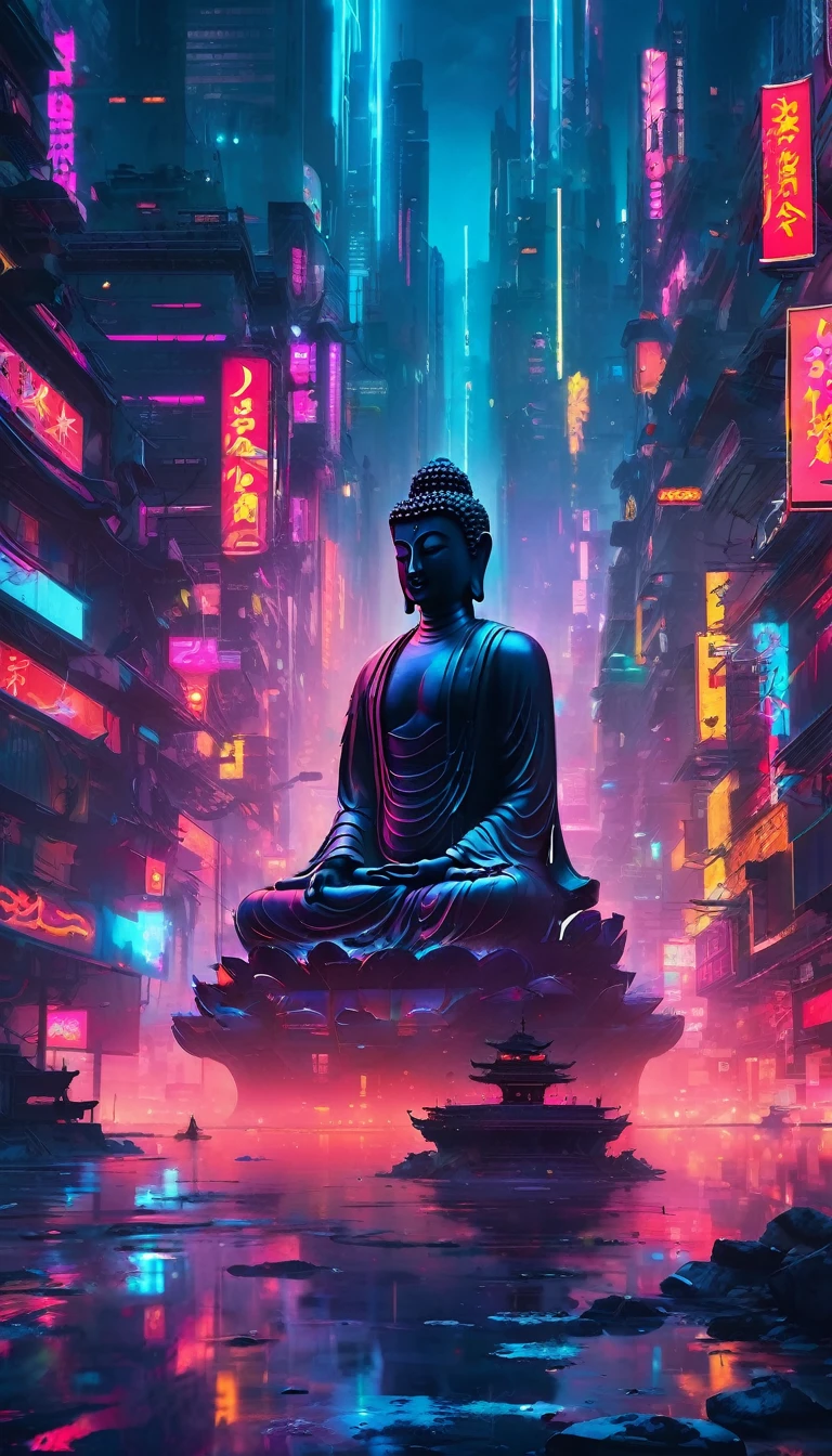 masterpiece: A serene Buddha in the heart of a cyberpunk metropolis Read more:Peaceful Buddha silhouette against a cyberpunk city background. Realistic:Cyberpunk Meditation:Surreal Zen Buddha floating in a neon-lit metropolis:Cyberpunk Meditationのmasterpiece:Vibrant and tranquil Buddha statue, Futuristic cityscape. Curvaceous.:Cyberpunk Meditation:A sleek, modern Buddha statue surrounded by the sleek, sharp edges of a neon-lit city.