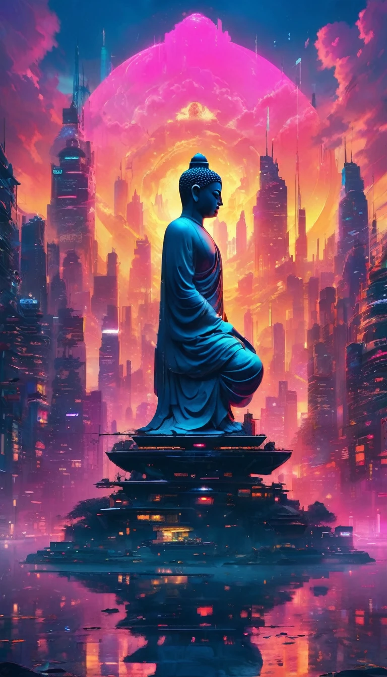 masterpiece: A serene Buddha in the heart of a cyberpunk metropolis Read more:Peaceful Buddha silhouette against a cyberpunk city background. Realistic:Cyberpunk Meditation:Surreal Zen Buddha floating in a neon-lit metropolis:Cyberpunk Meditationのmasterpiece:Vibrant and tranquil Buddha statue, Futuristic cityscape. Curvaceous.:Cyberpunk Meditation:A sleek, modern Buddha statue surrounded by the sleek, sharp edges of a neon-lit city.