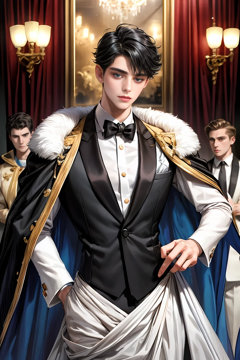 masterpiece, 最high quality, high quality, 1 boy, alone, Male focus, Watching the audience, Messy black hair, Adorable big blue eyes, White, Noble, Noble,A sexy, voluminous, puffy cape、tuxedo、A very voluminous, large, very large, very large, long, long red and black cape with a high stand-up collar, made of a lot of fabric that reaches down to the floor., ,Cute beautiful boys,Cute, cute, kind, handsome guy