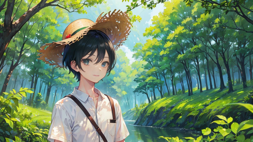 The emerald-green forest enveloped the surroundings, creating a serene oasis of tranquility and life、Red short sleeves, blue jeans, Forest background, brown skin shota , sunny day, black hair,very Smile、sunlight、portrait、、He's wearing a straw hat.