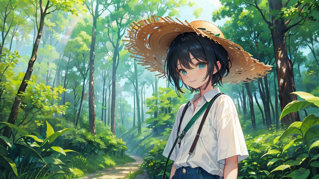 The emerald-green forest enveloped the surroundings, creating a serene oasis of tranquility and life、Red short sleeves, blue jeans, Forest background, brown skin shota , sunny day, black hair,very Smile、sunlight、portrait、、He's wearing a straw hat.