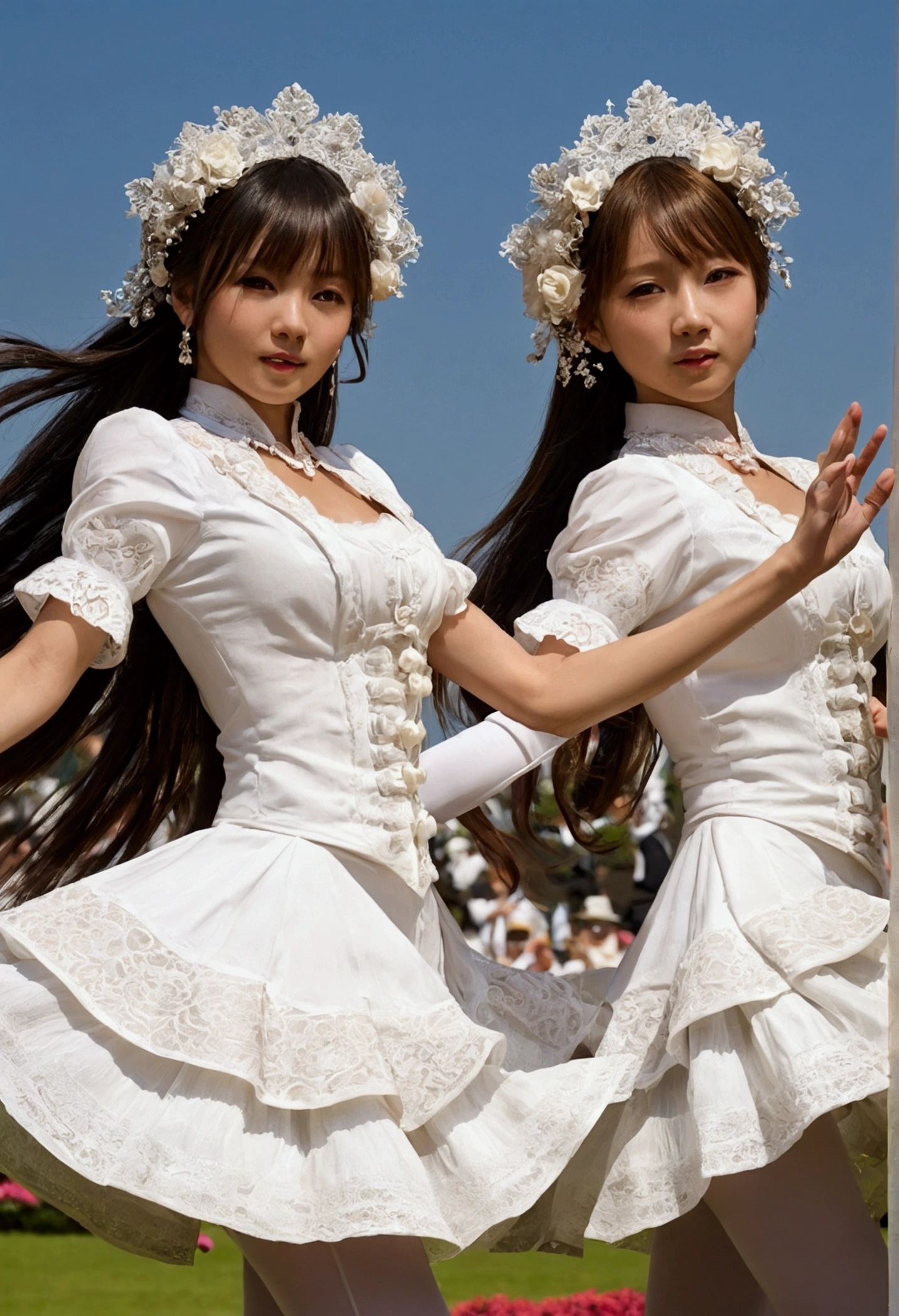 Two Girls,roromiya,ririchiyo,school uniforms, miniskirt, dancing,Ascot, masterpiece, Highest quality