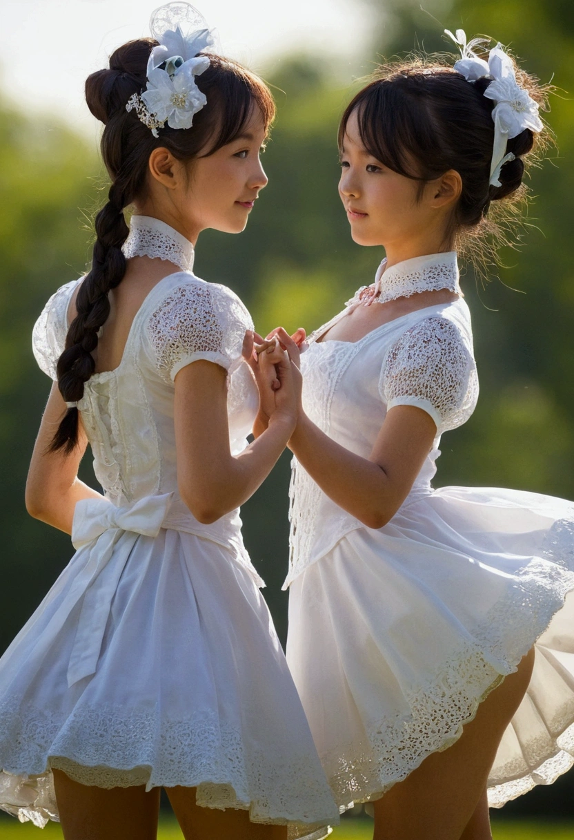 Two Girls,roromiya,ririchiyo,school uniforms, miniskirt, dancing,Ascot, masterpiece, Highest quality
