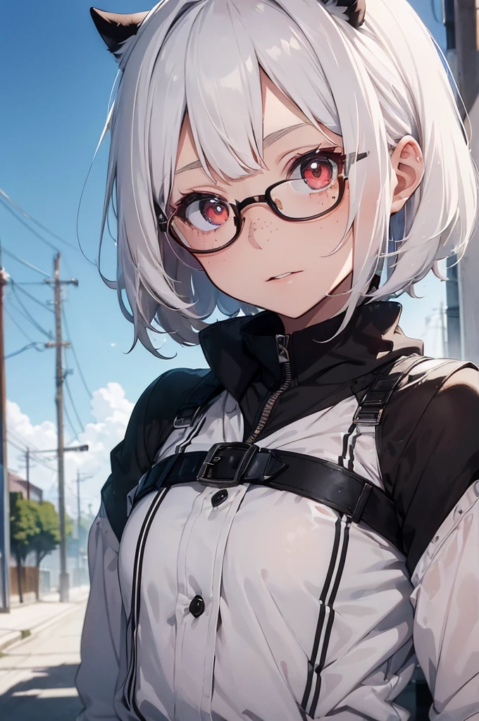 ((best quality)), ((masterpiece)), (detailed), perfect face ((Bleach estile))
*a 12 year old girl,with short white hair in a "wolf cut",pale skin,Red eyes,glasses and freckles on cheeks. He wore the normal Soul Raper uniform.. It had its characteristic small white horns with black cracks*