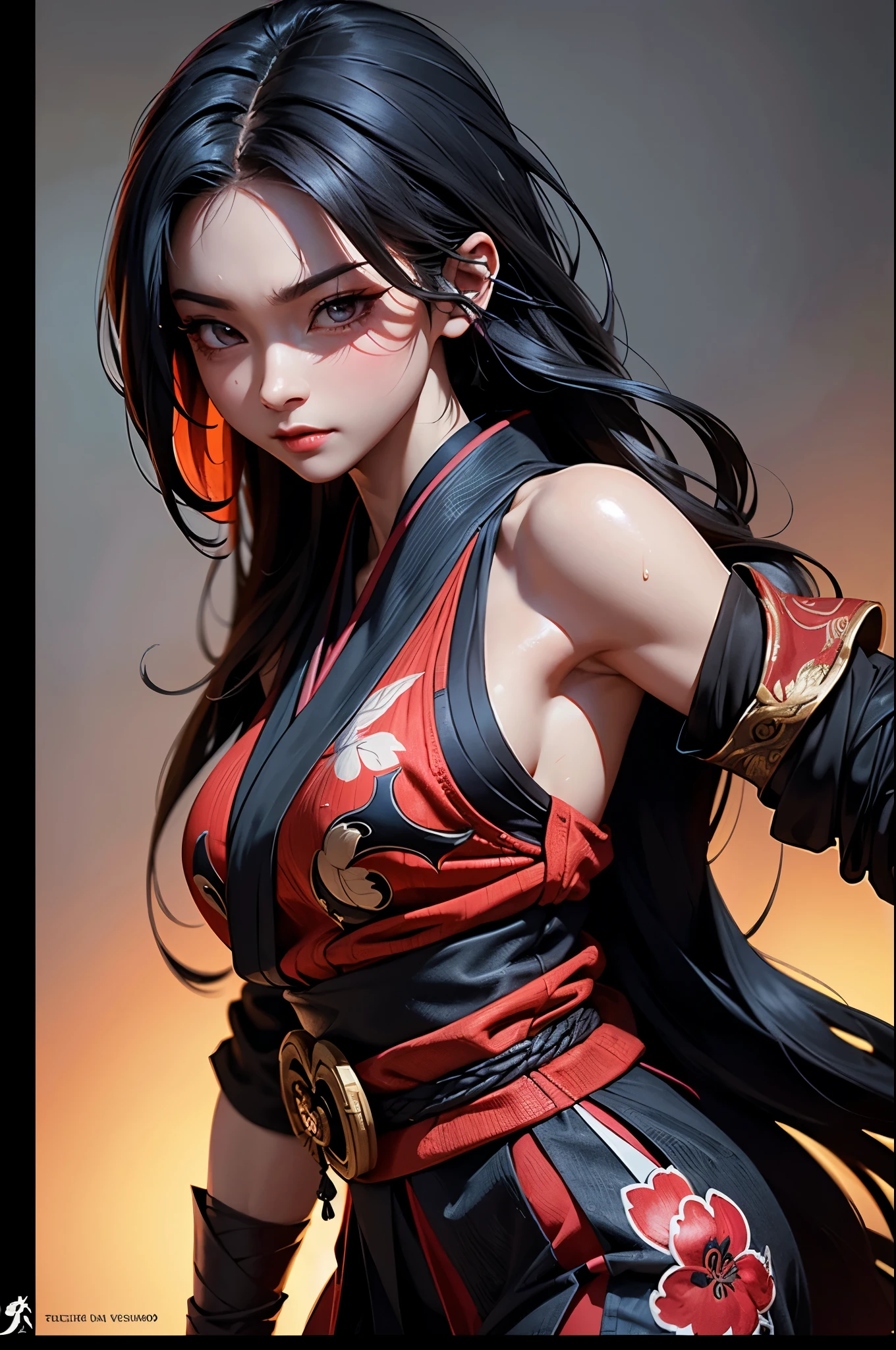 realisitic, 1girl, high quality fingers, normal hands, detailed fingers, Masterpiece artwork, (realisitic, foto-realisitic: 1.37), realisitic, 1girl, long hair:1.5, Bblack hair:1.2, Eyes red:1.5, glare eyes, mortal kombat, Erotic ninja, bloodstains, cicatriz, canons, kimono, ful dressed, mortal kombat continues, struggling pose, serene gaze, temple, meditation, injuries, cover half the face, (sweat: 1), view from above
