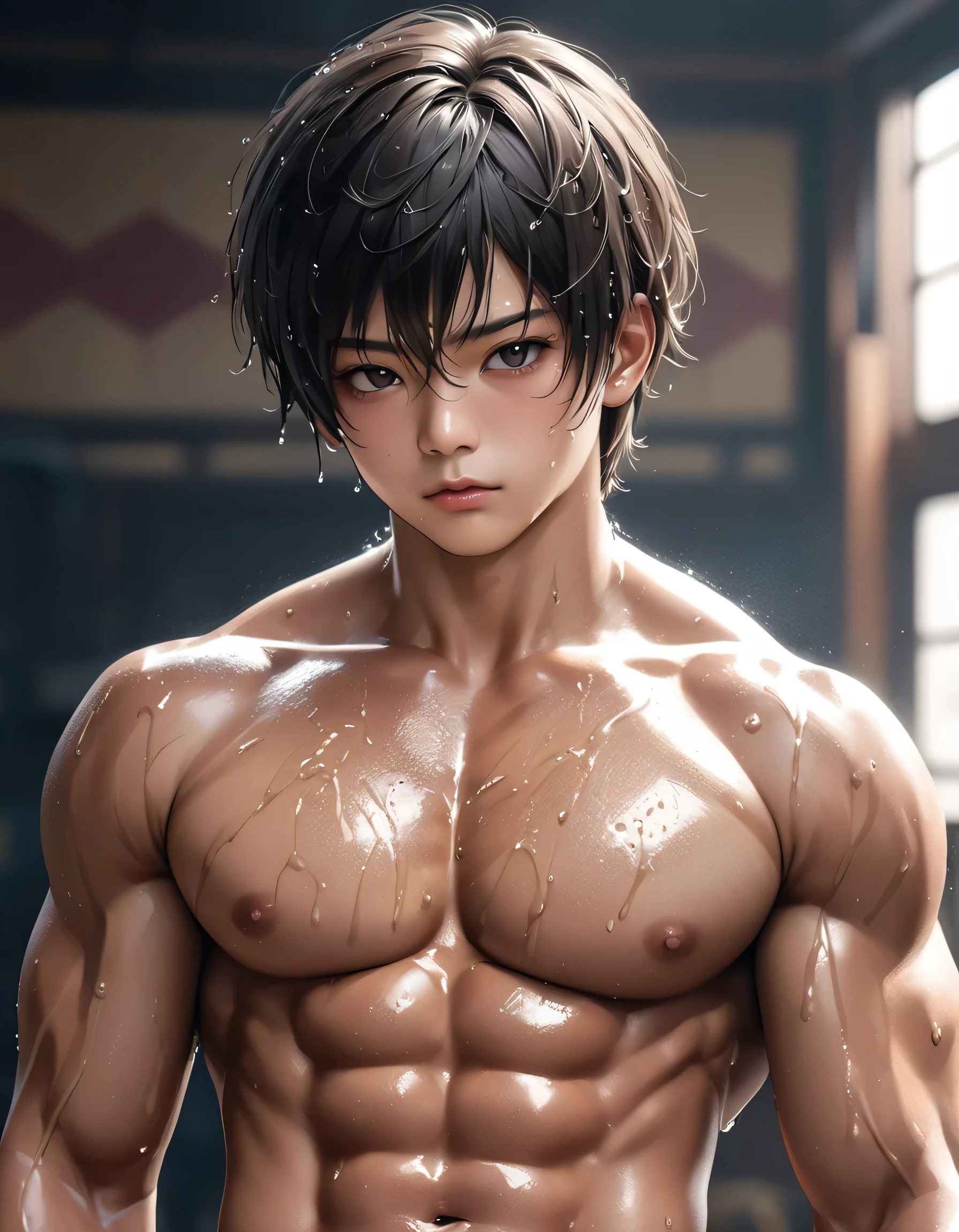 high quality, detailed, Realistic,(one tanned japanese wrestler boys:1.5), (detailed black eyes), (black short hair), (muscle:1.5), (tanned dark brown skin), (black tiny thong), (bulge), (detailed nipples), deareola, best qualit 8k, highres, (masterpiece:1.2),ultra-detailed, (realistic, photorealistic, photo-realistic:1.37), wet body, (face close up:0.8),--no watch,