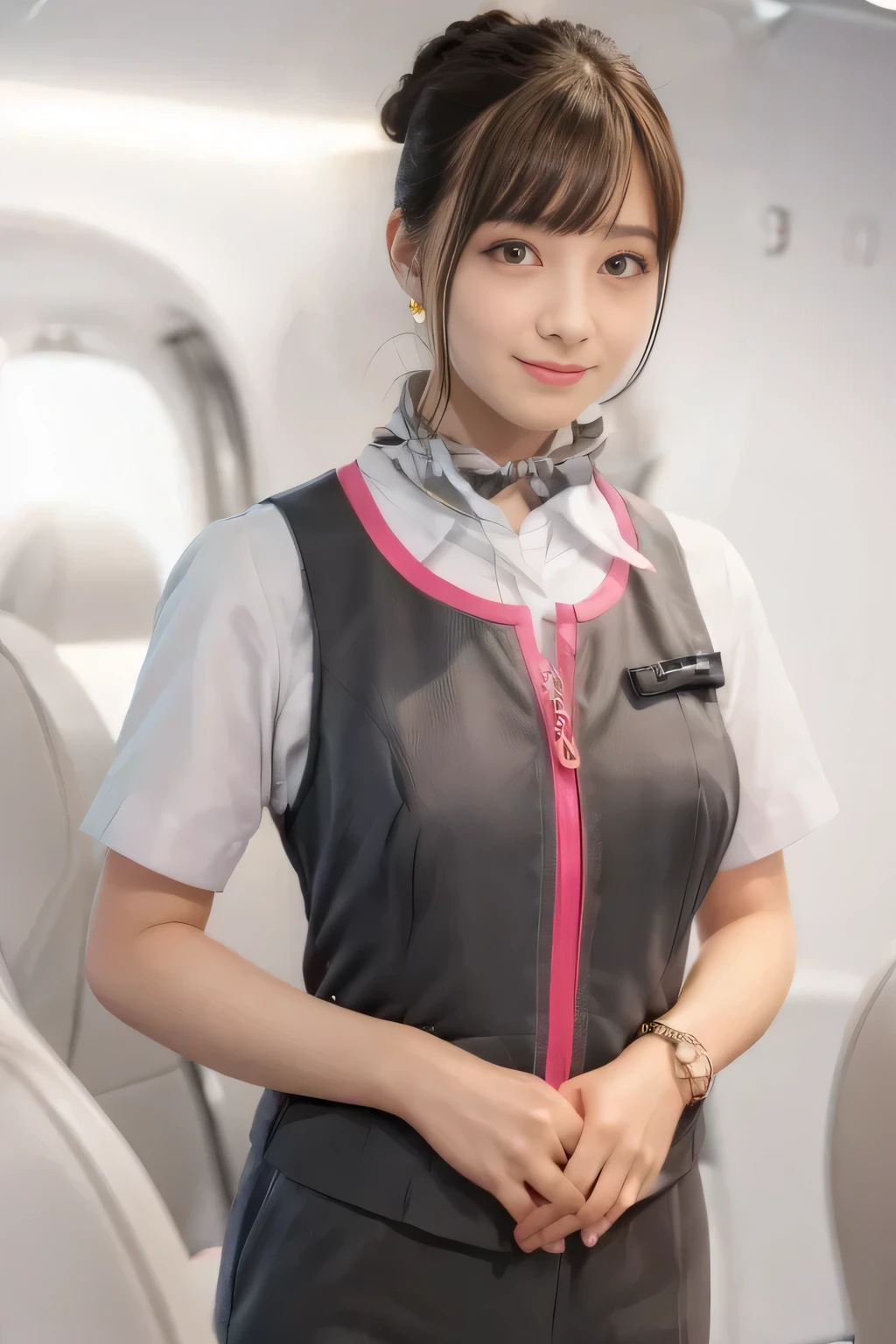 (masterpiece:1.2, Highest quality:1.2), 32k HDR, High resolution, (alone、1 girl)、（On the roof of a building、Professional Lighting）、daytime background、（Realistic style of JR Gran Class crew uniform）、Short sleeve blouse、a scarf around the neck、（JR Gran Class flight attendant uniform with pink parts on the skirt sleeves）、（The uniform of the flight attendants of JR Gran Class has a pink line on the front zipper of the vest.）、There are no pink lines on the uniform skirts of flight attendants in JR Gran Class、Dark brown hair、（Hair tied up、Bun Hair）、Dark brown hair、Long Shot、Big Breasts、（（Great hands：2.0）），（（Harmonious body proportions：1.5）），（（Normal limbs：2.0）），（（Normal finger：2.0）），（（Delicate eyes：2.0）），（（Normal eyes：2.0））)、Luxury earrings、smile、Beautiful standing posture,